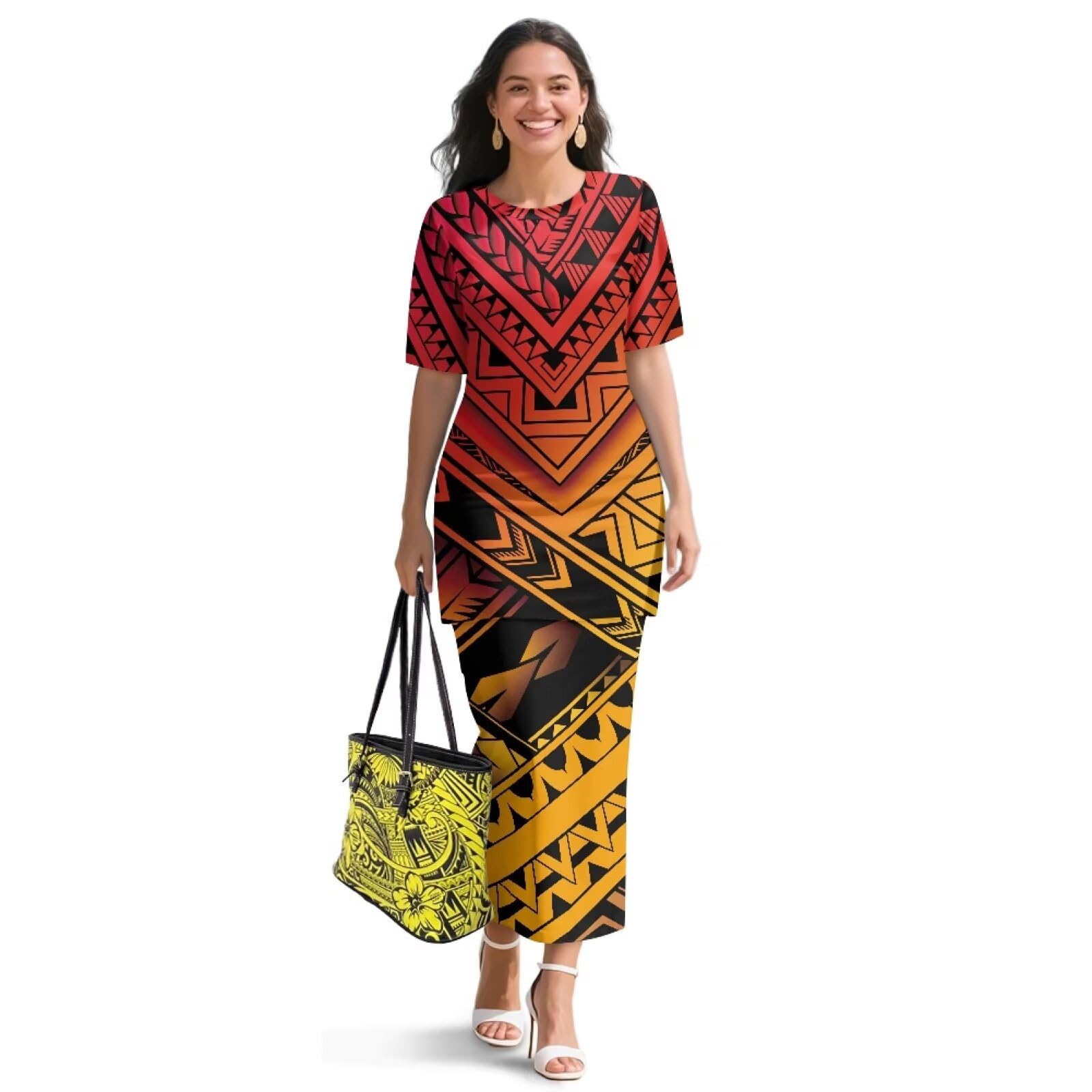 Polynesian Puletasi Samoa Dress for Women Summer Short Sleeves Long Skirt Set Island High Waist Maxi Skirts