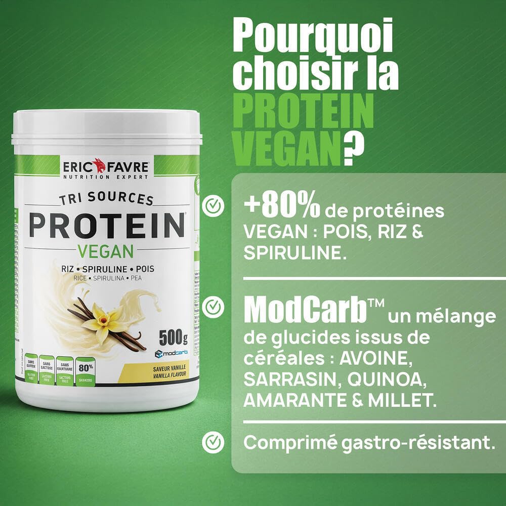 PROTEINES VEGAN TRI-SOURCE - Protéines Végétales Vegan Savoureuses Pour le Développement Musculaire - Riz Spiruline Pois - Assimilable Rapidement - 1,5kg - Saveur Vanille - Eric Favre