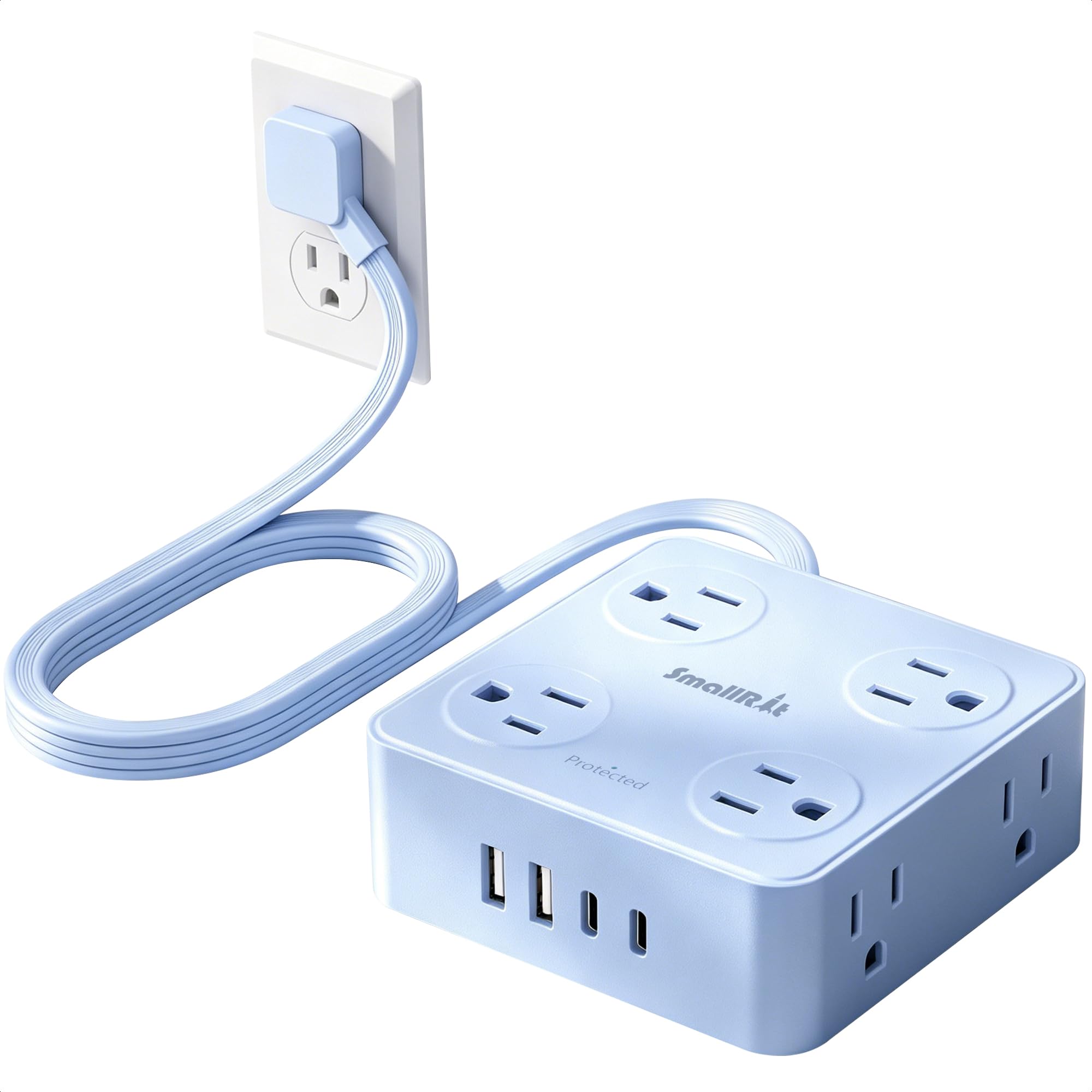 SMALLRT Elektrische Mehrfachkontakt-Steckdose, flach, mit Überspannungsschutz, 8 AC-Steckdosen, 4 USB-Ladegeräte (1 USB-C-Port), ultradünn, flache Steckdose (Blau, 1,98 m)