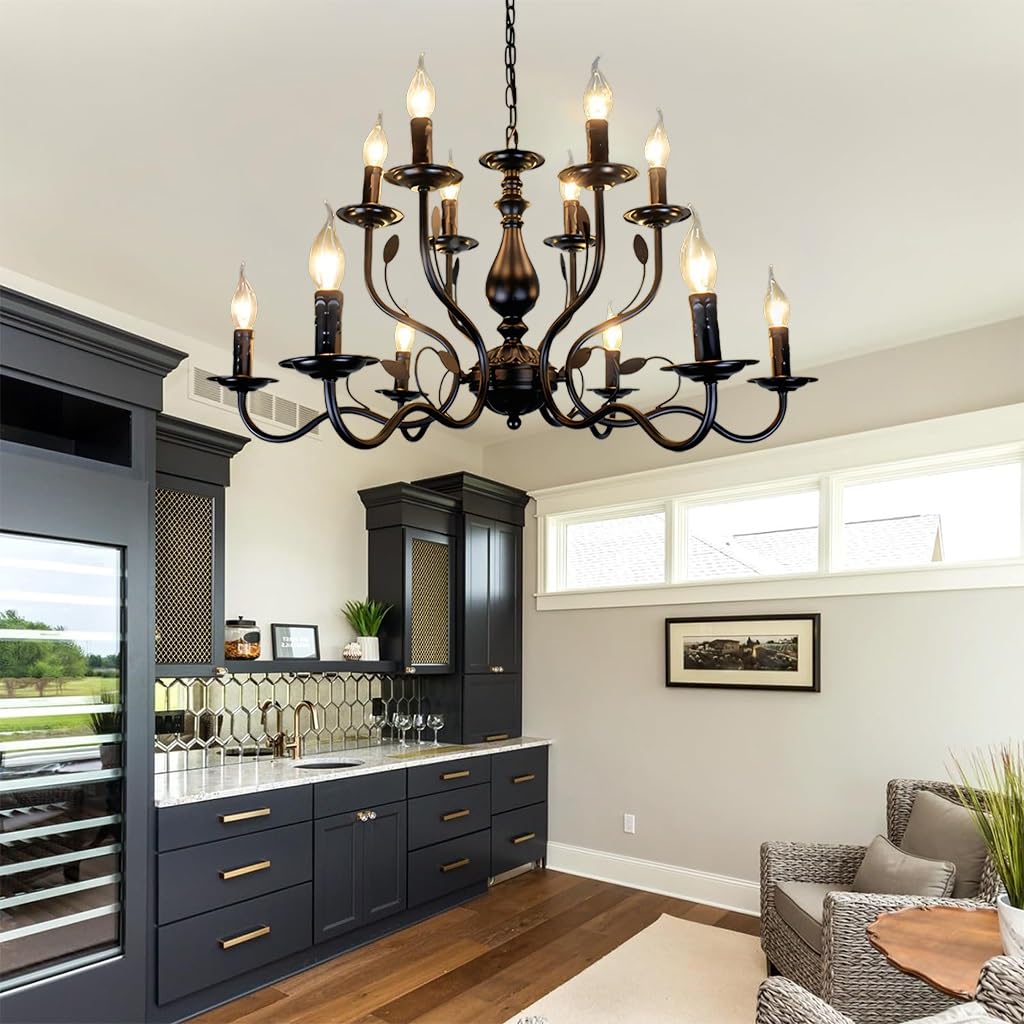 LYSDjia Black chandelier E14 living room metal ceiling lamp 12 lights double-layer iron Pendant Light classic modern retro industrial ceiling lighting restaurant kitchen island bedroom corridor lighti