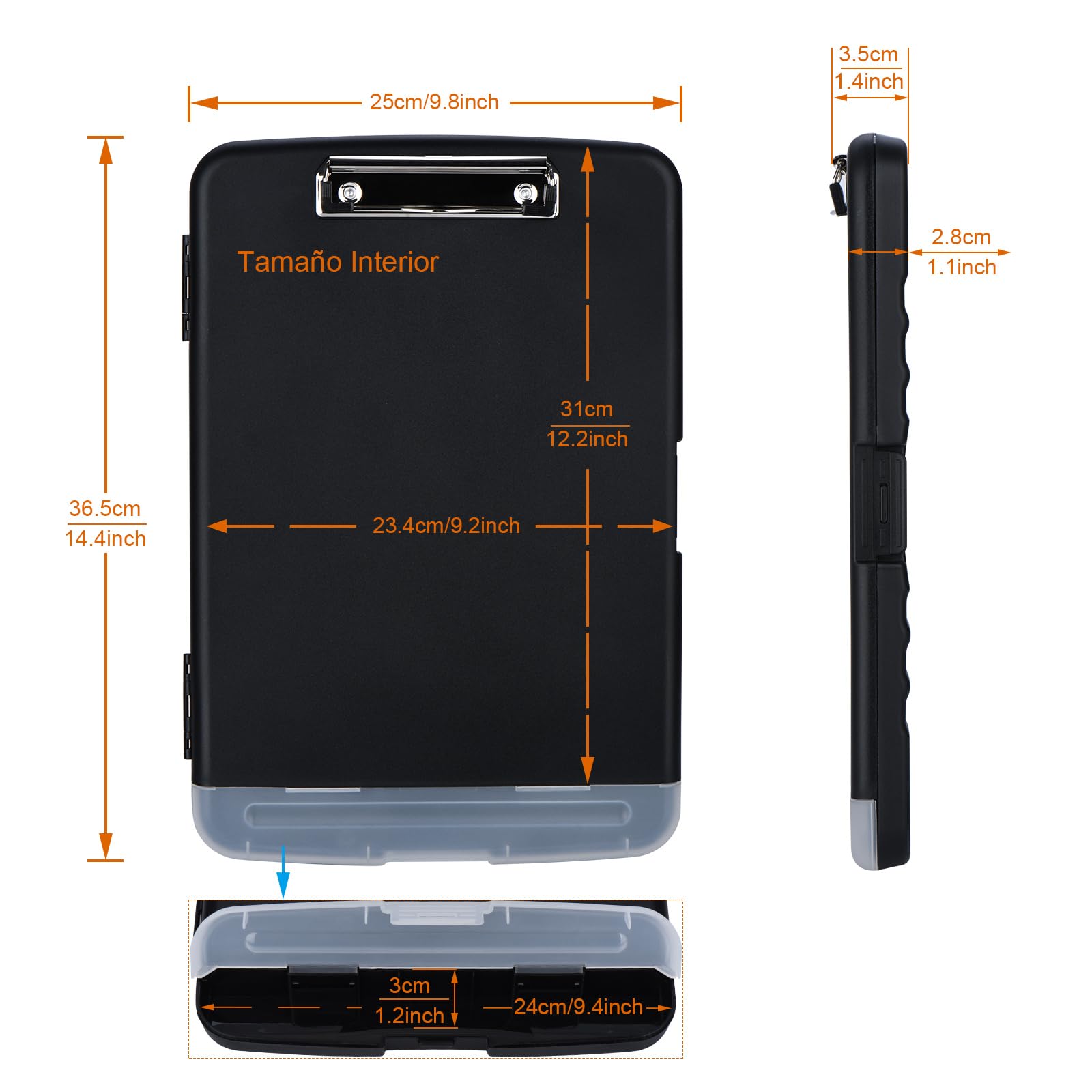 ZCZN Portapapeles de Plástico con Compartimento para Bolígrafos Separado, Clipboard A4 para la Escuela, Utilidad, Oficina Industrial, Personal Médico, Color Negro