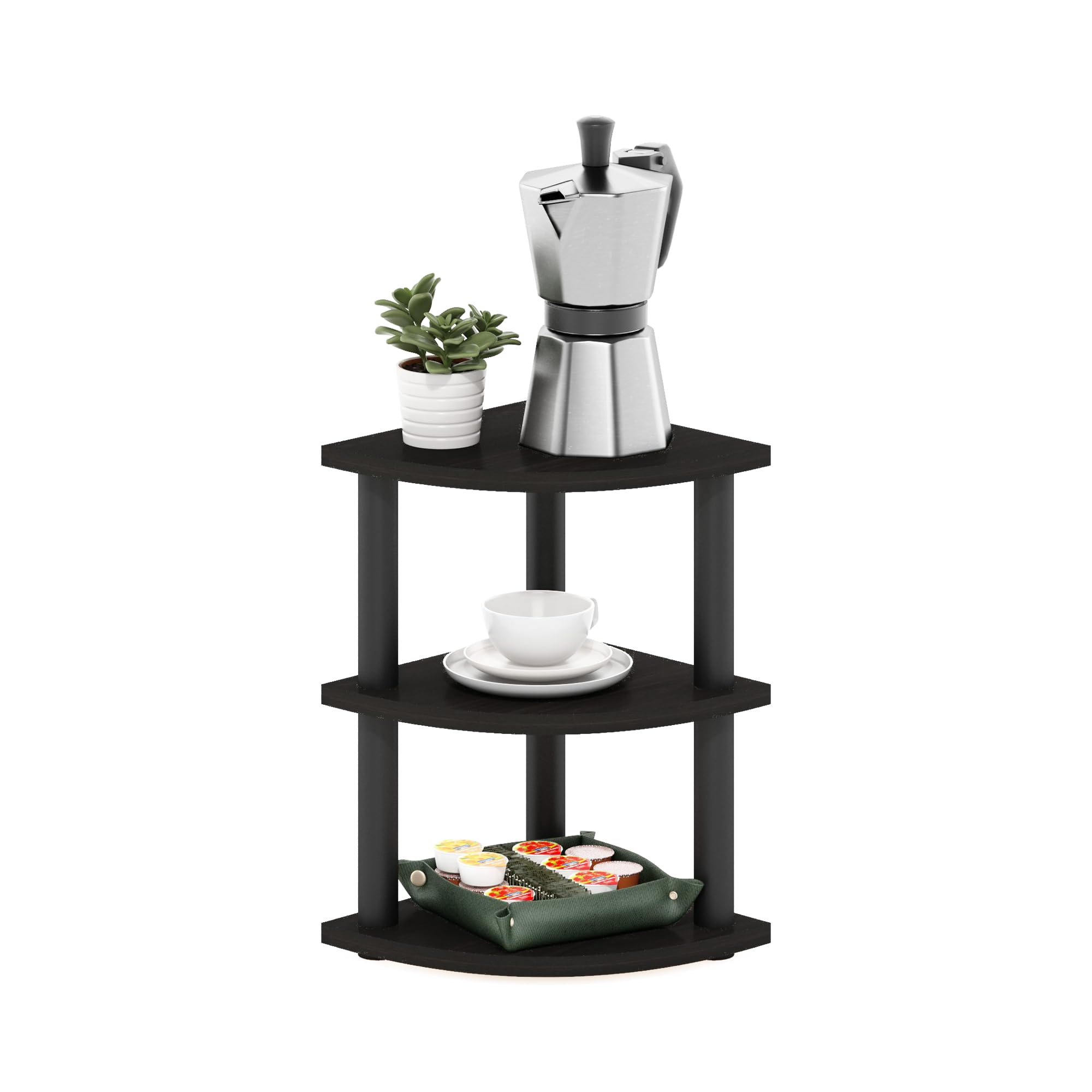 Furinno TURN-N-TUBE Kitchen Countertop Organizer, 3-Tier Corner Countertop Organizer Shelf, Corner Shelf, for Kitchen, Pantry, Organizers and Storage, Espresso