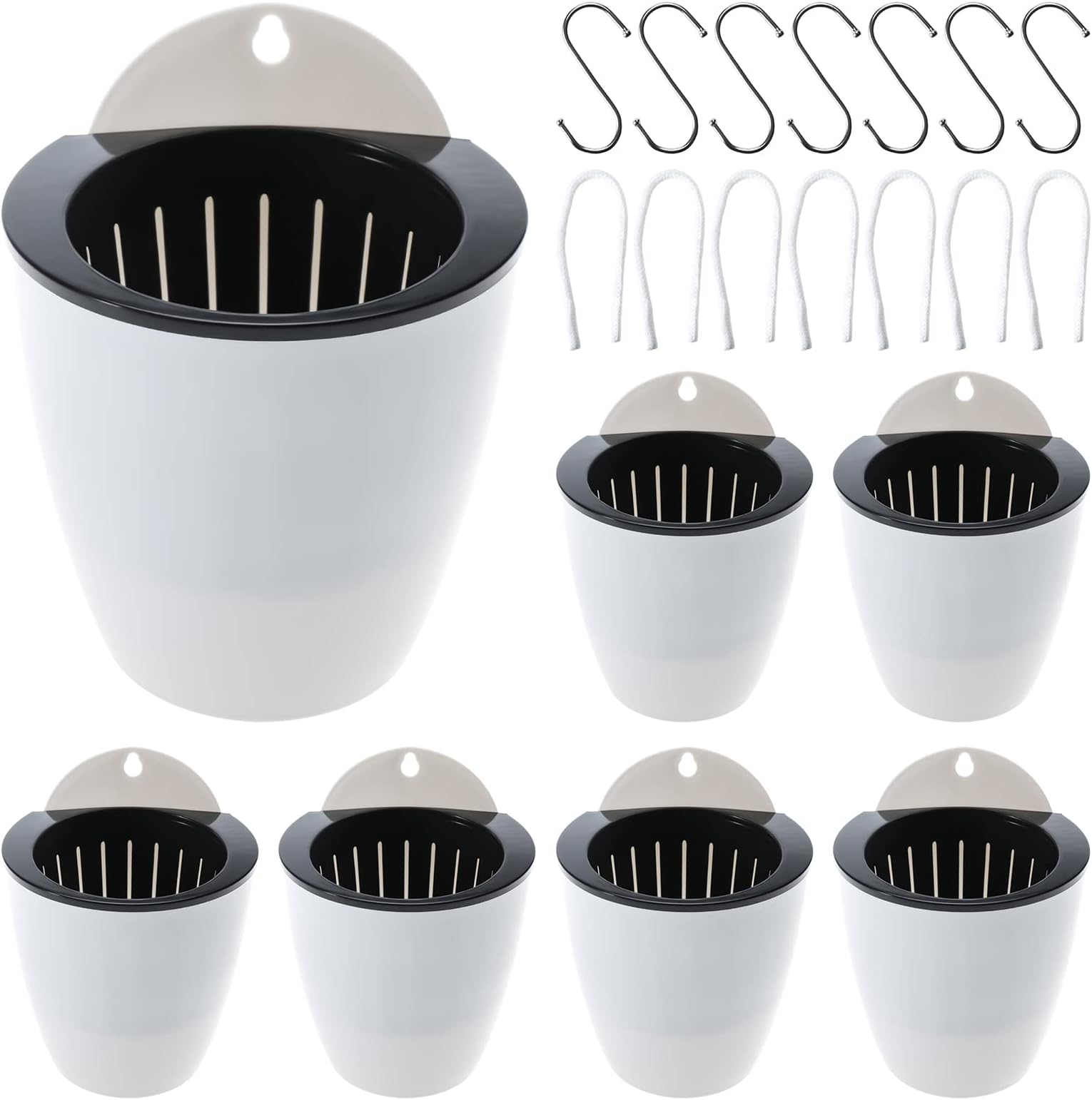 DasMarine7 Pack Self Watering Hanging Planters,Plastic White Hanging Pots for Plants,Indoor Outdoor Vertical Flower Pot,Wall Mounted Window Hanging Planters Pot (7 Inch(180MM), 7 Pack with 7 Hooks)