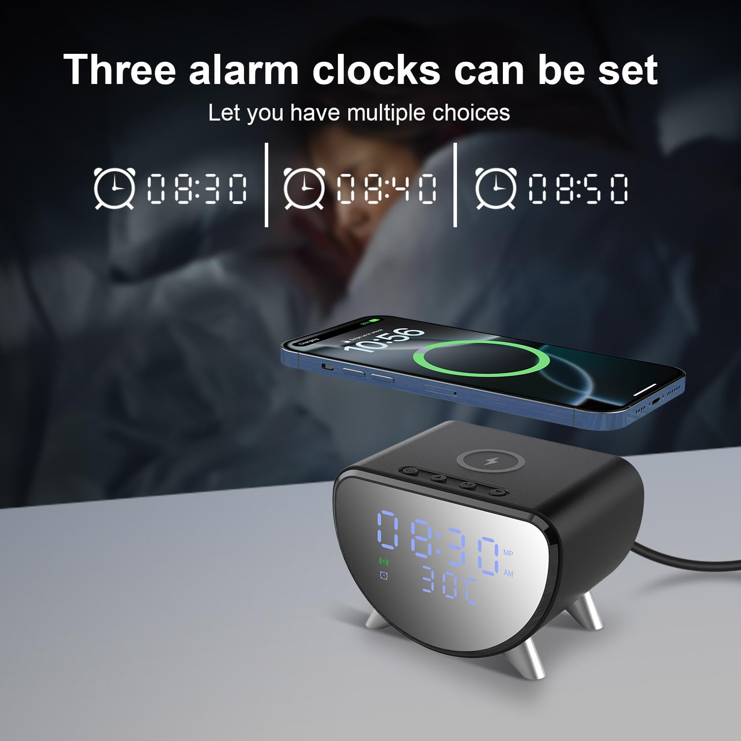 PDKUAI Fast Wireless Charger for iPhone Galaxy Pixel Alarm Clock Bedside, Dimmable LED Display - Image 3