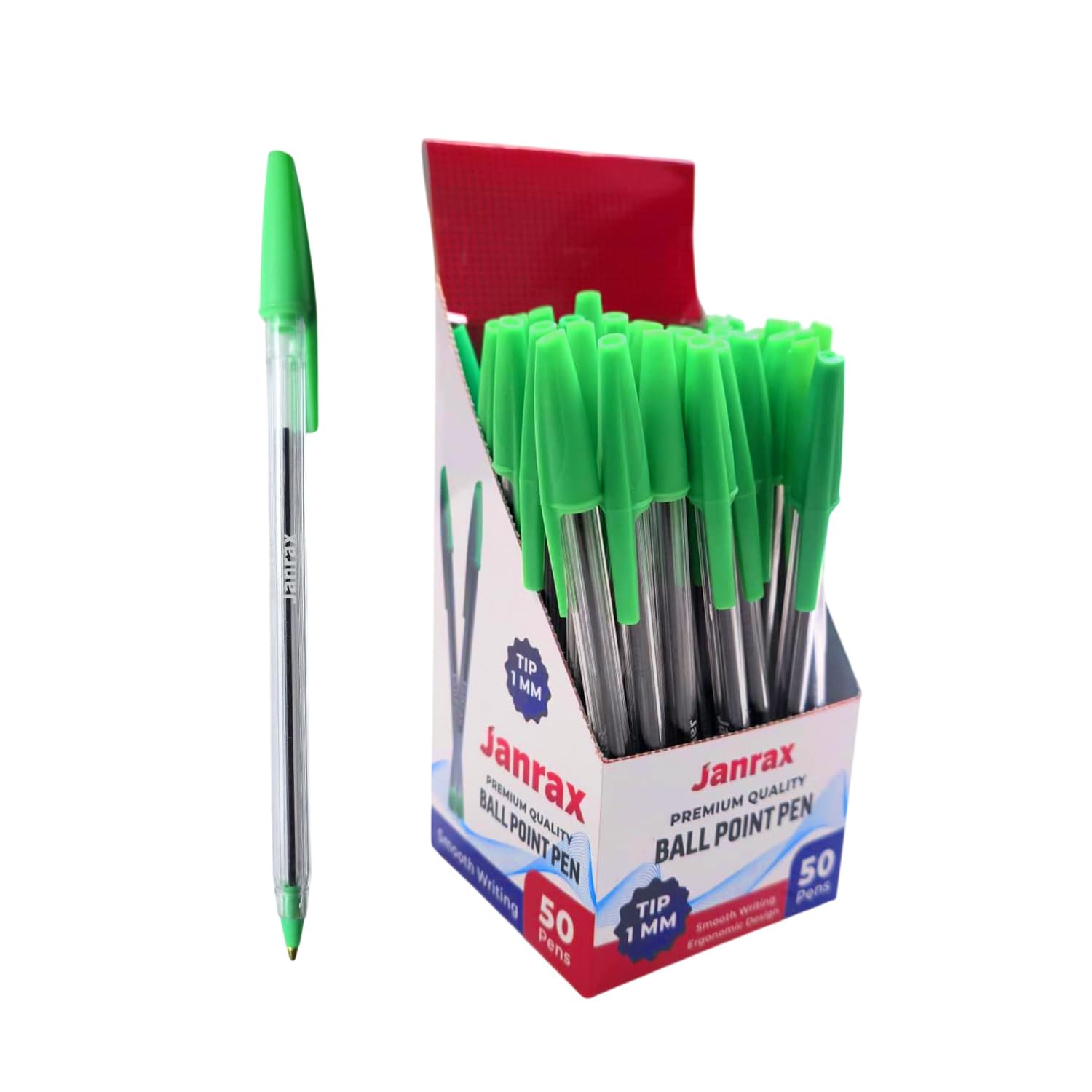 Janrax Box of 50 Neon Green Ballpoint Pens – Smooth‑Flow Ink, 1mm Medium Tip for Office, School – Everyday Writing
