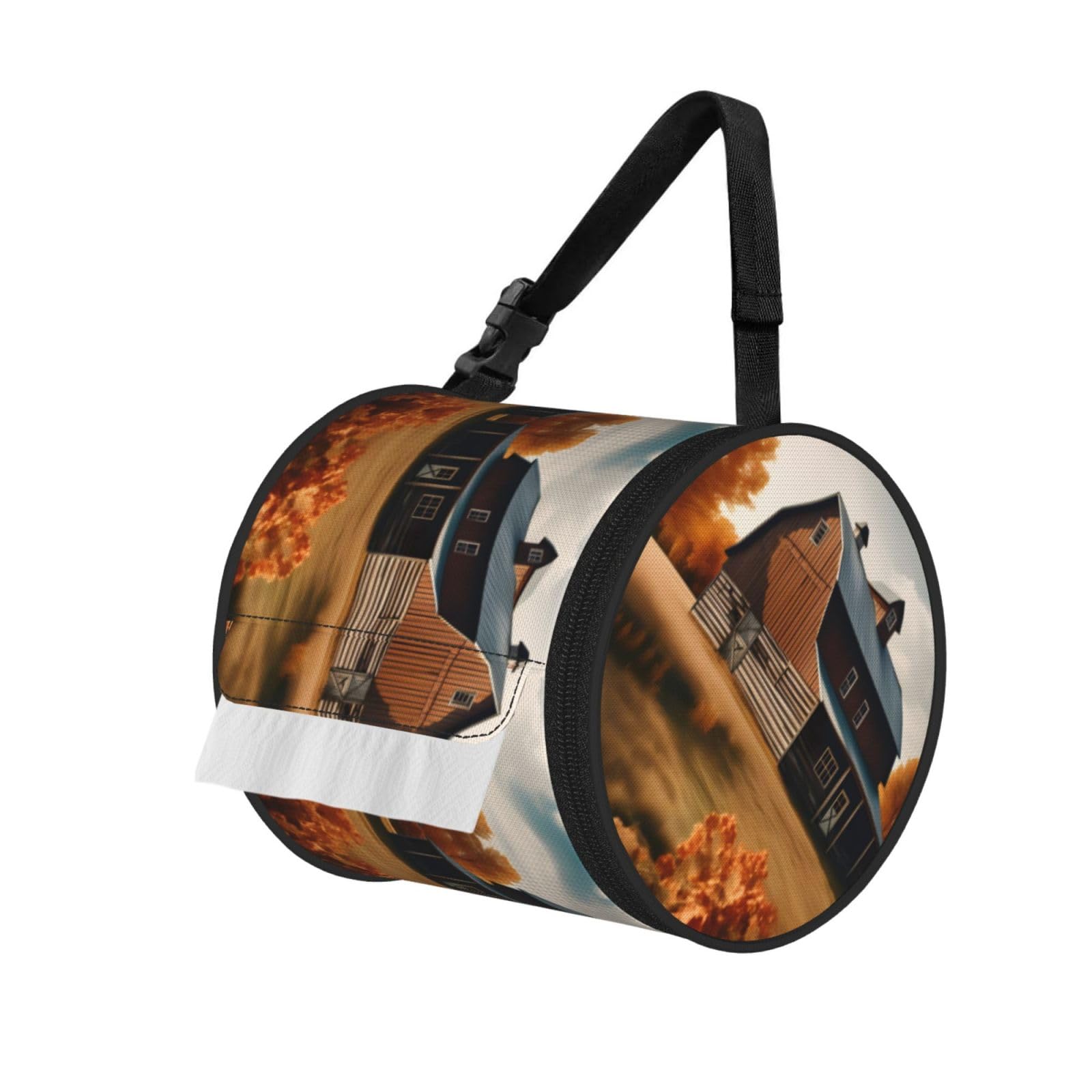 Jiuty Black Fall Country Barn Print Cylinder Tissue Organizer Bag With Strap, Portable Toilet Roll Holder For Camping Car