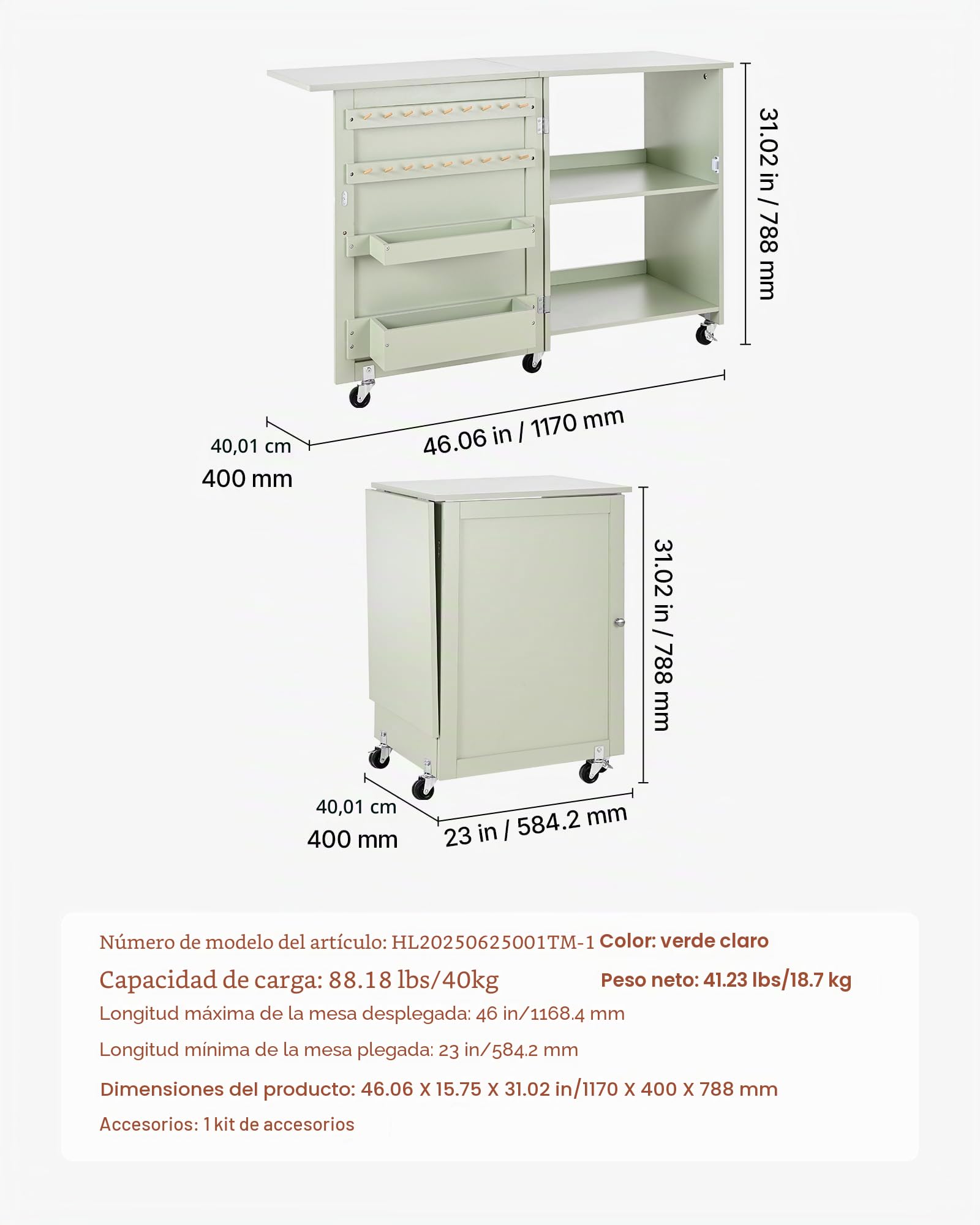 VEVOR Mesa de Costura Plegable, con Diseño Compacto, Compartimentos de Almacenamiento, Abrazaderas de Madera y Cierre Magnético, para Estudio de Moda, Estudio de Arte y Hogar, Color Verde Claro