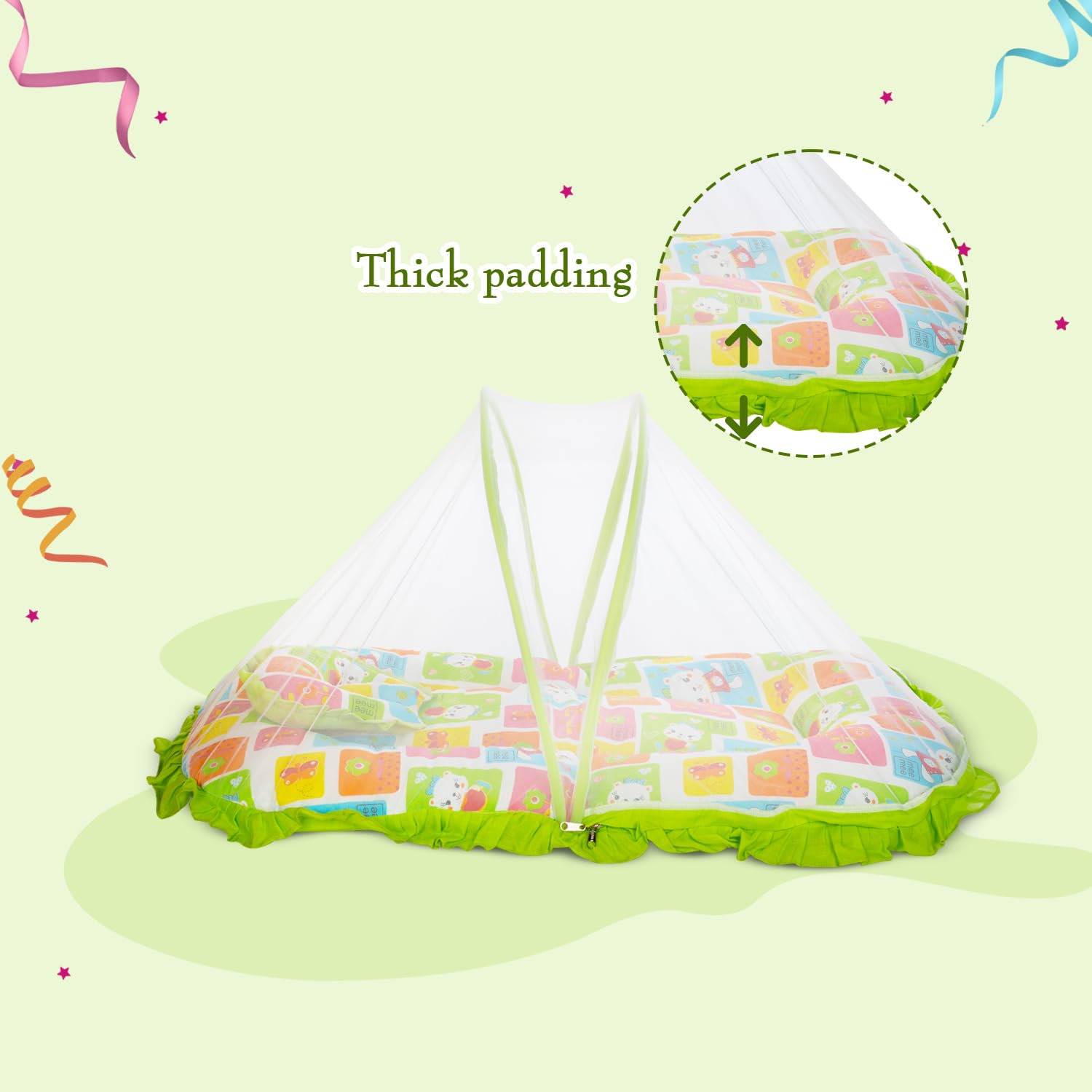 Mee Mee Cushioned Baby Mattress Set with Mosquito Net & Pillow (Green) 2