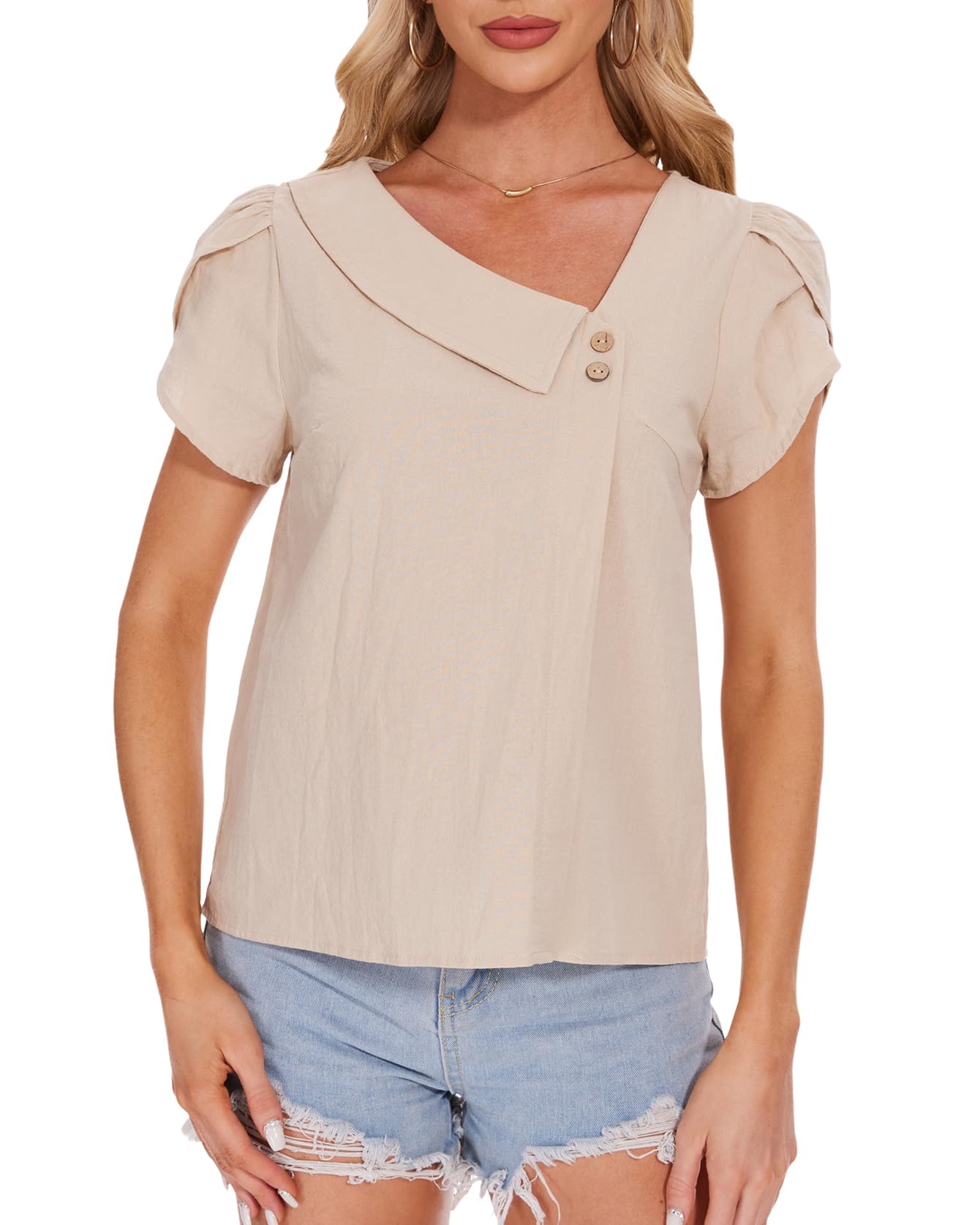 Atxnn Blusa Mujer de Algodón Camiseta con Cuello en V Inclinado Camisa de Manga Corta Pétalo Tops Elegantes de Verano