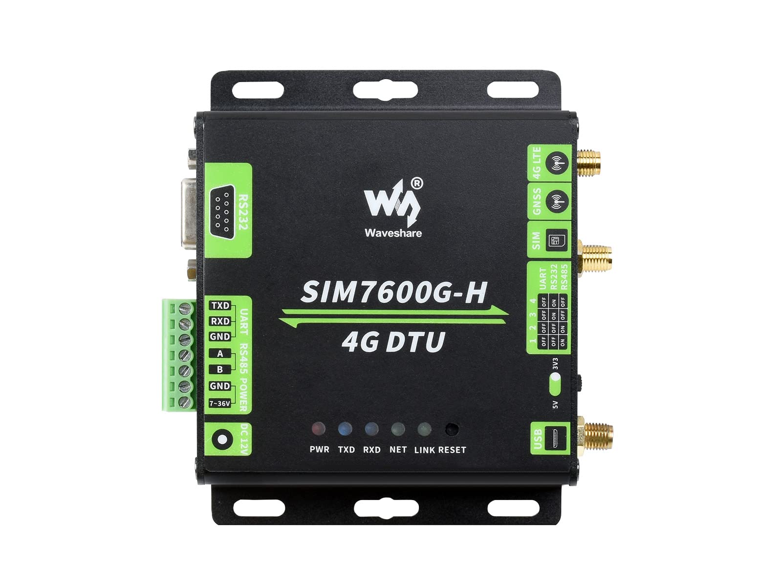 Waveshare Industrial Grade SIM7600G-H 4G DTU USB UART/RS232/RS485 Multi Interfaces Communication LTE Global Band Support