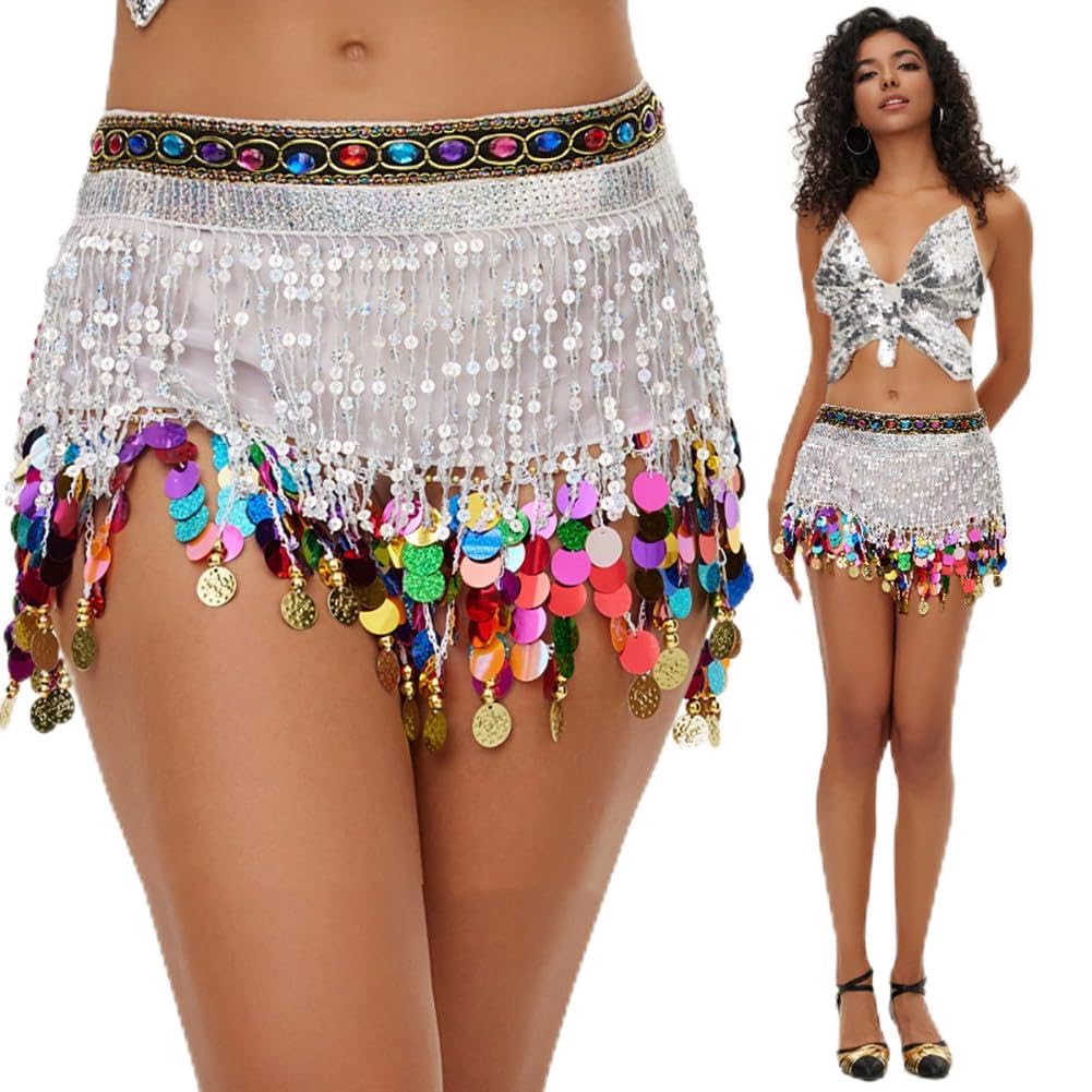 Leemiman Women's White Belly Dance Hip Scarf Sequin Tassel Skirt Wrap Sparkly Bling Sequins Coins Hip Belt Rave Performance Festival Costume For