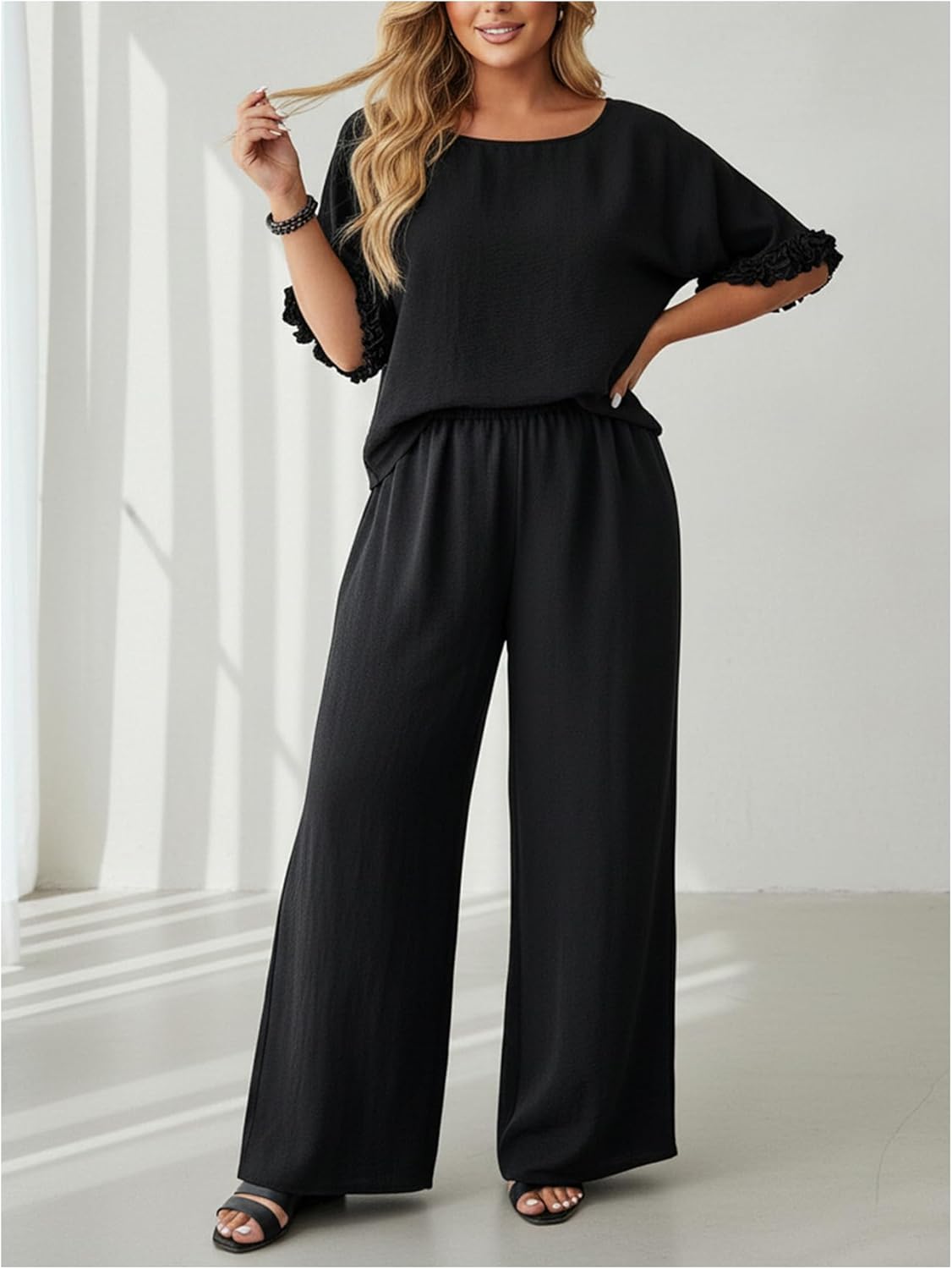 Women's Plus Size 2 Piece Casual Summer Outfits Ruffle Half Sleeve Top and Wide Leg Pants Matching Sets - Image 3