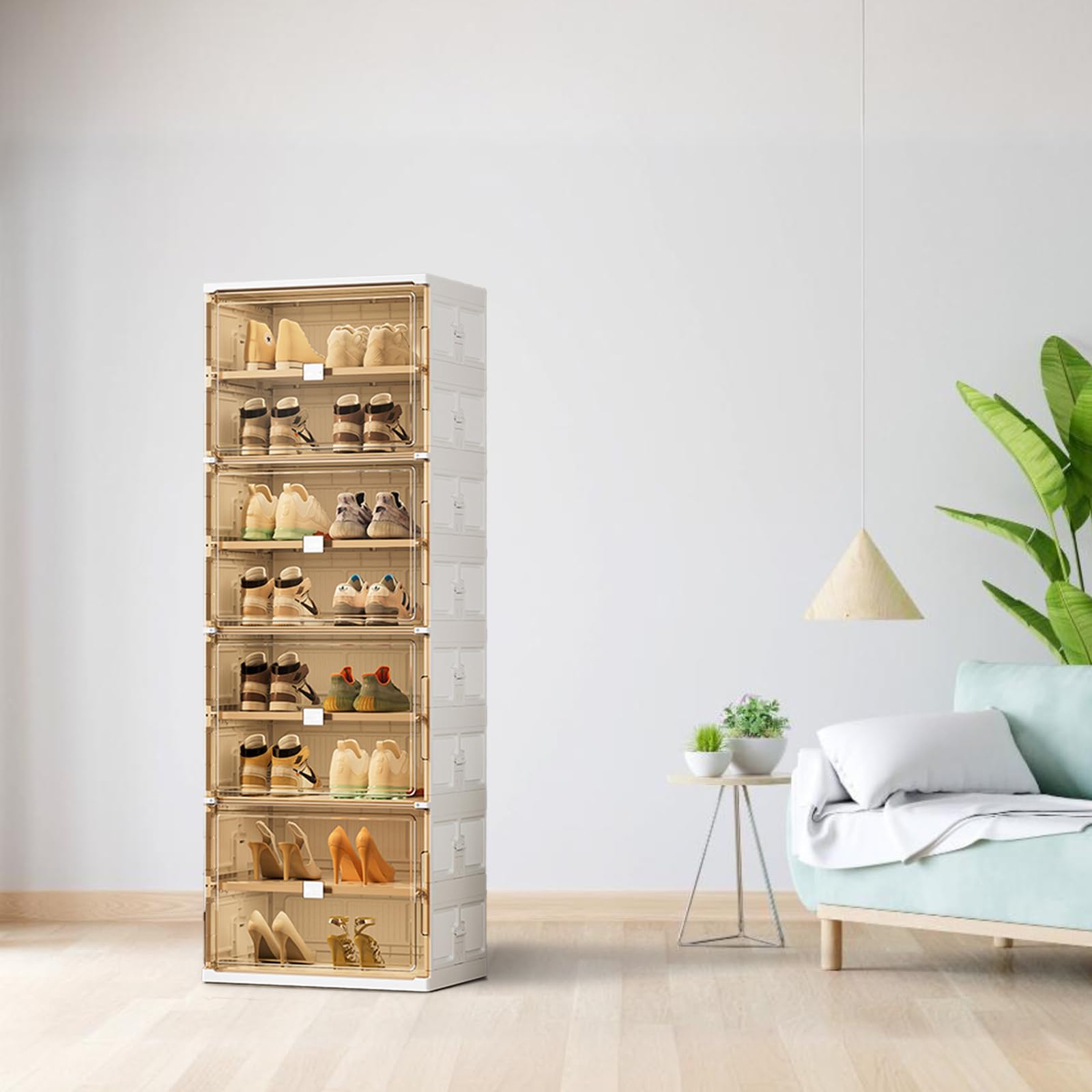 Wesimple 16 Pairs Shoes Storage Cabinet of 3-Step Fast Installation,Plastic Shoe Box with Clear Magnetic Door for Display, Shoe Organizer for Sneaker, Sandals, Heels (1 Row, 8 Tier)