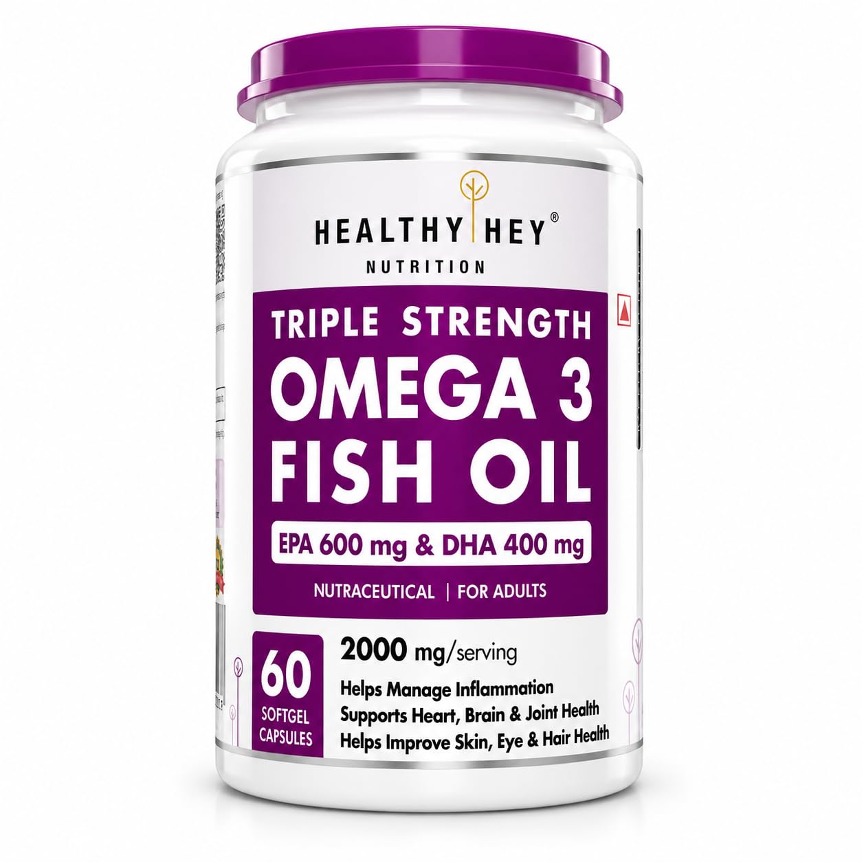 HealthyHey Nutrition Omega 3 Fish Oil, EPA 600mg + DHA 400mg, 60 Softgels | 2000 mg Fish Oil per 2 Softgels | 1000 mg Omega-3 | Burpless | For Men and Women