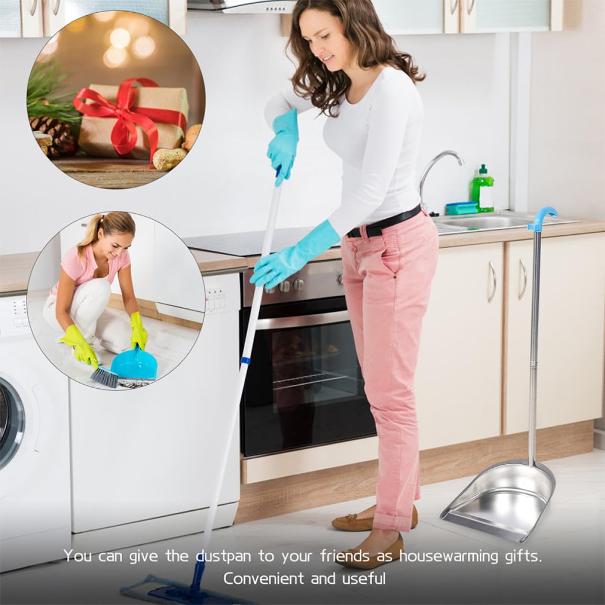 Recogedor de Polvo de Acero Inoxidable con Mango Ergonómico Pala Gruesa de Desmontable y Resistente para Limpieza Cocina Oficina y Hogar