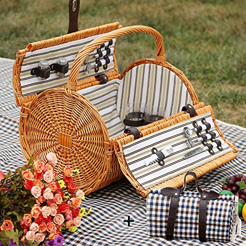 Spring Picnic Basket/Rattan Portable Outdoor Insulation Camping Food Storage Basket Double Four with Lid Wicker Picnic Box,GWithapicnicblanket