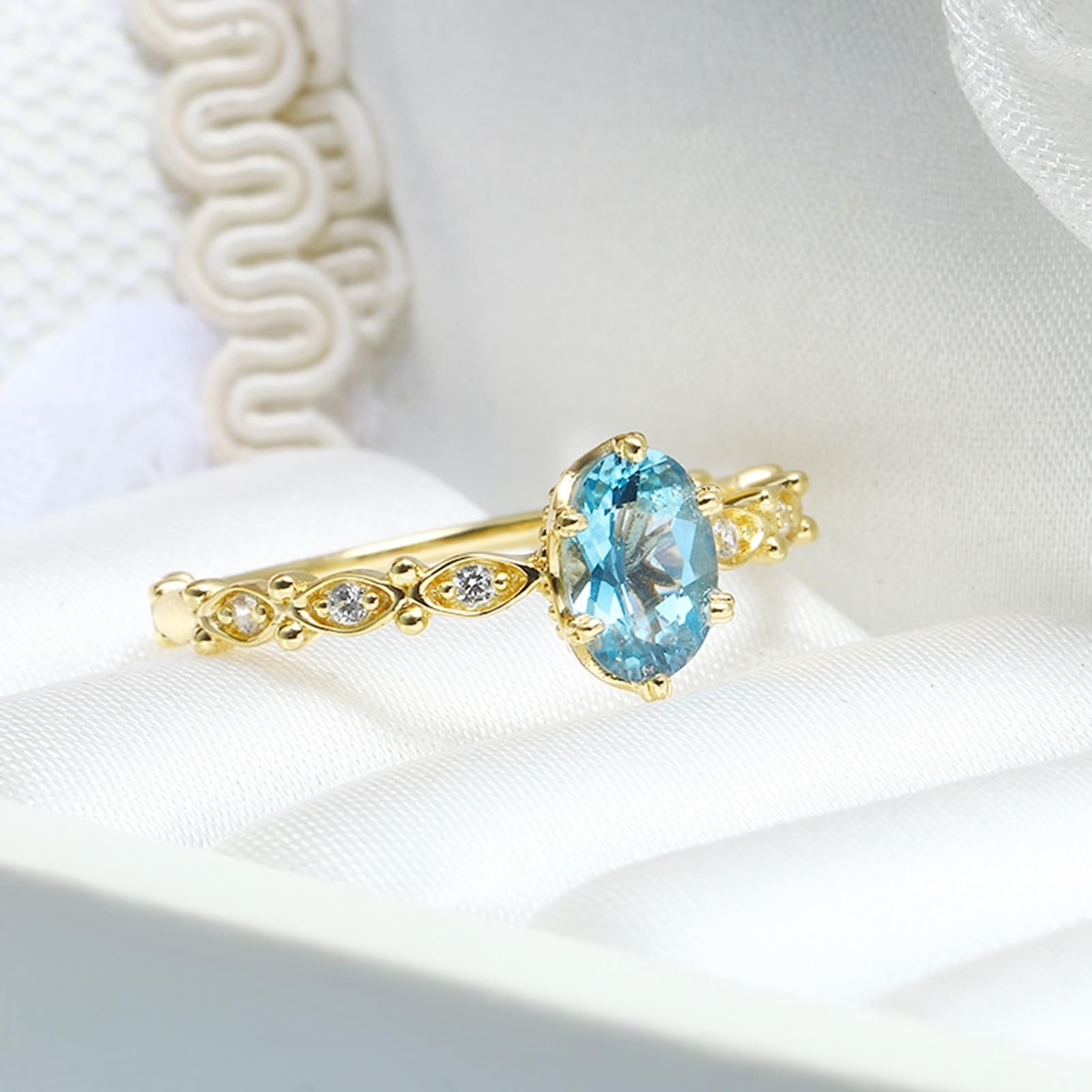 Anillo de solicitud de oro amarillo de 9 K/14 K/18 K con forma ovalada azul topacio filigree