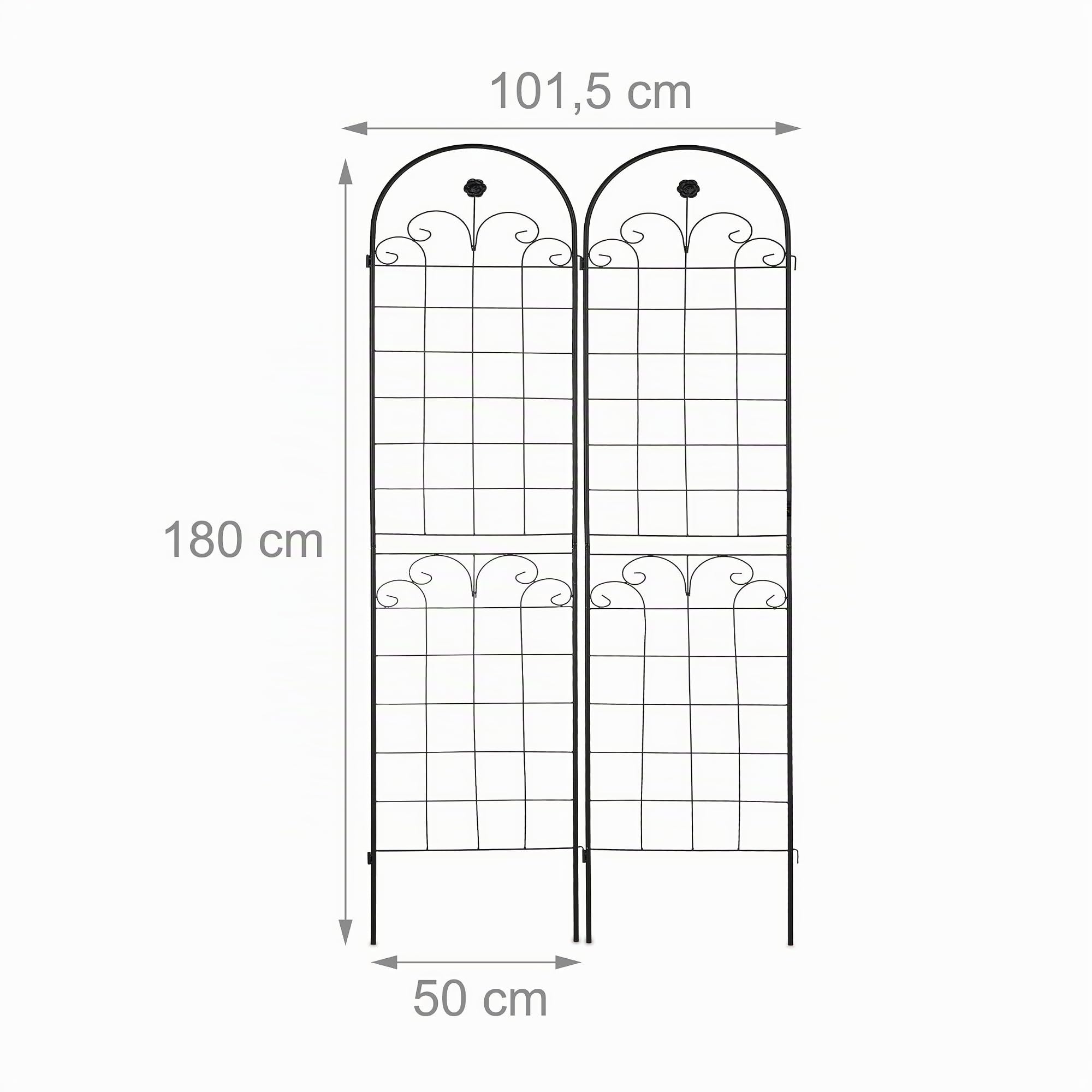 Relaxdays Soportes para Plantas, Set de 2, 180 x 50 cm, Metal, Enrejado para Trepadoras, Autónomos, con Estacas, Negro