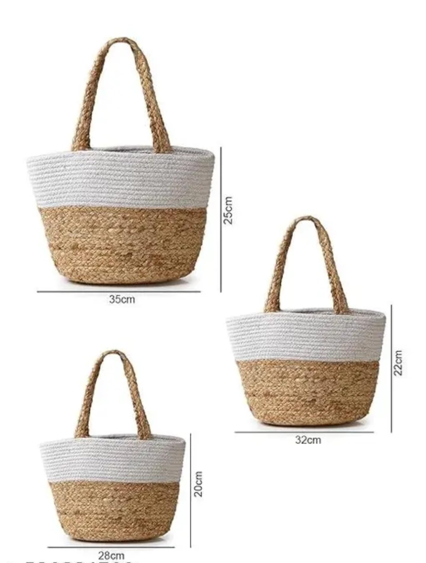 Juego de cestas de almacenamiento de cuerda tejida, yute natural y algodón, dos tonos blanco y beige, asas trenzadas