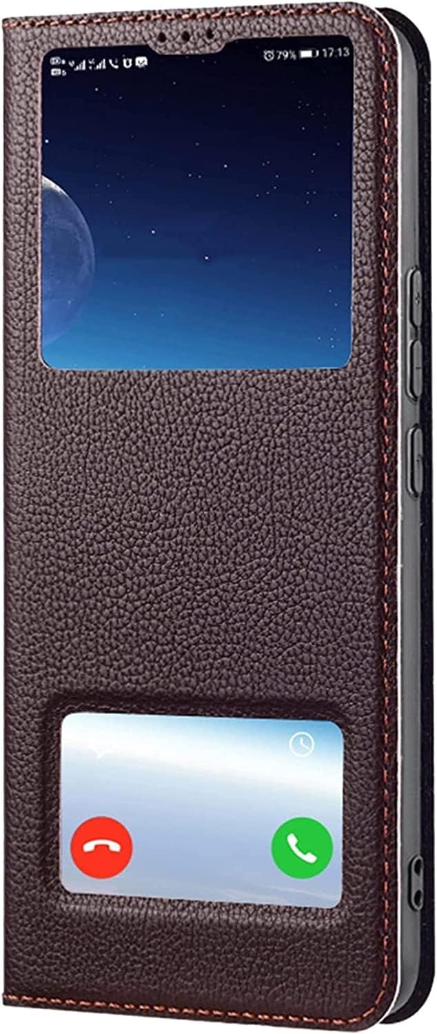 Case for iPhone 14 Plus, Clear View Window Genuine Leather Magnetic Flip Phone Cover Bookstyle Stand Protective Case for iPhone 14 Plus 6.7" (Color : Brown)