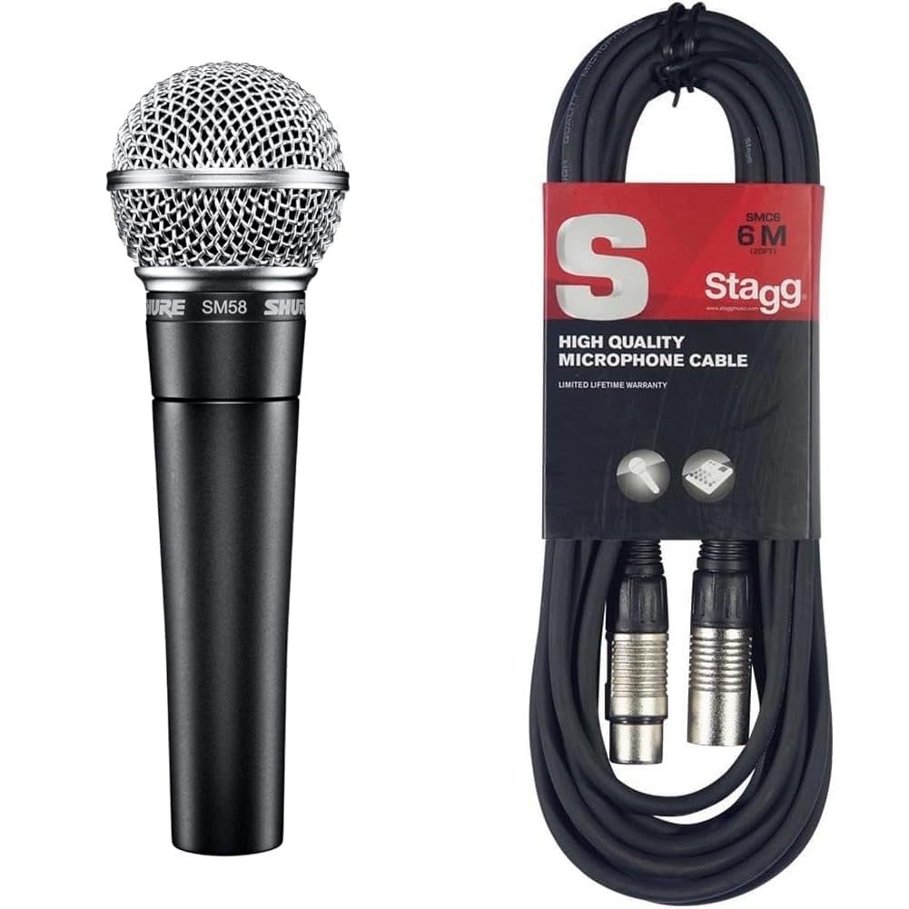 Sm58Shure Sm 58-Se, Microfono Dinamico Per Voce Con Switch On/Off + Supporto + Custodia & Stagg Cavo di Alta Qualita XLRf a XLRm Plug Microphone, 6 m, Nero