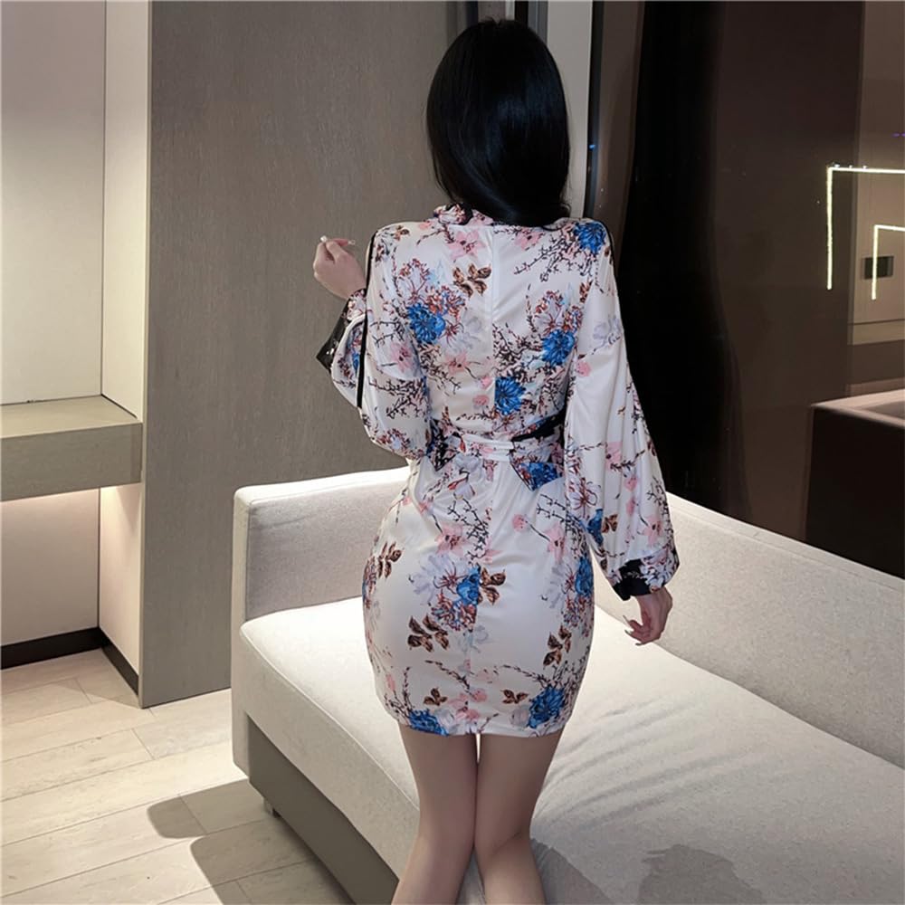 QNCLO Japanese women's cosplay cardigan kimono nightgown floral geisha bathrobe lingerie: White1