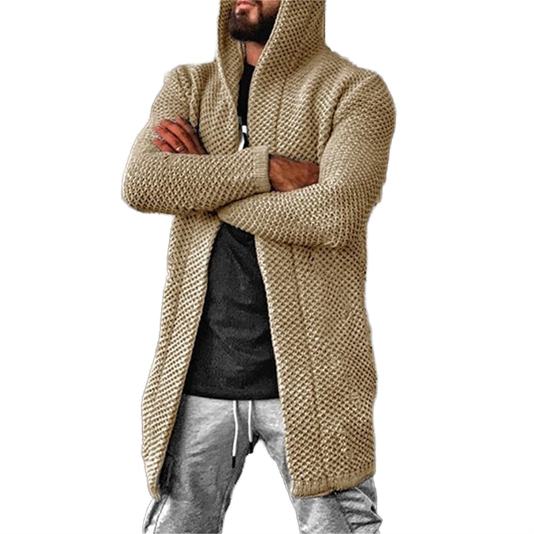 Wekumgy Mens Long Cardigan Sweater Casual Hood Open Front Long Sleeve Knit Slim Fit Fashion Sweater Hoodies Khaki