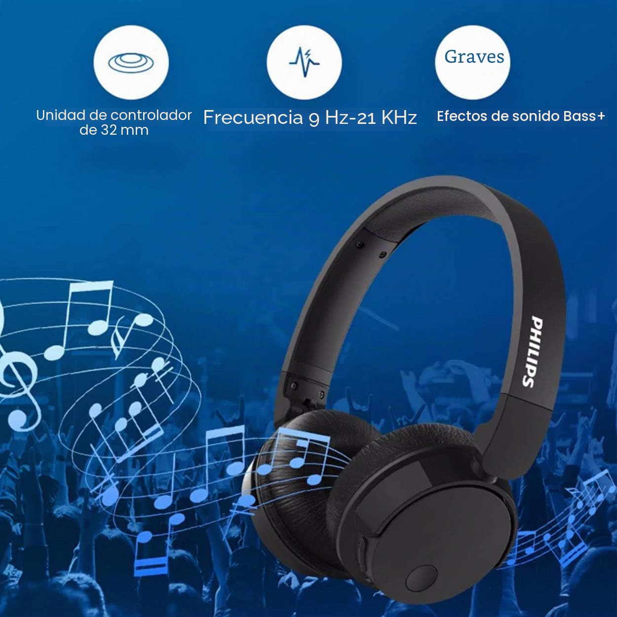 PHILIPS BH305BK/00 - Auriculares supraaurales on-Ear (Bluetooth, Bajos voluminosos, cancelación de Ruido, Plegables), Color Negro