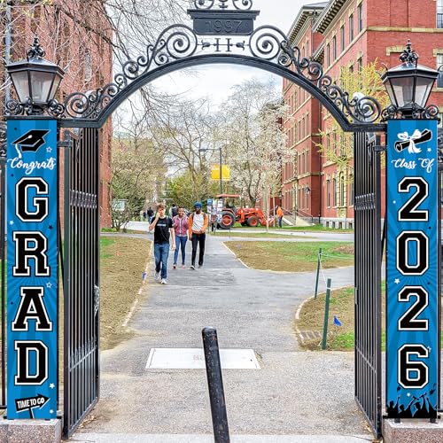 Image of Graduation Banner 2026 Graduation Decorations Blue and Black Grad Banner Porch Sign Class of 2026 Door Decor Congrats Hanging Backdrop Blue Grad Party Decor for School Congratulations Supplies