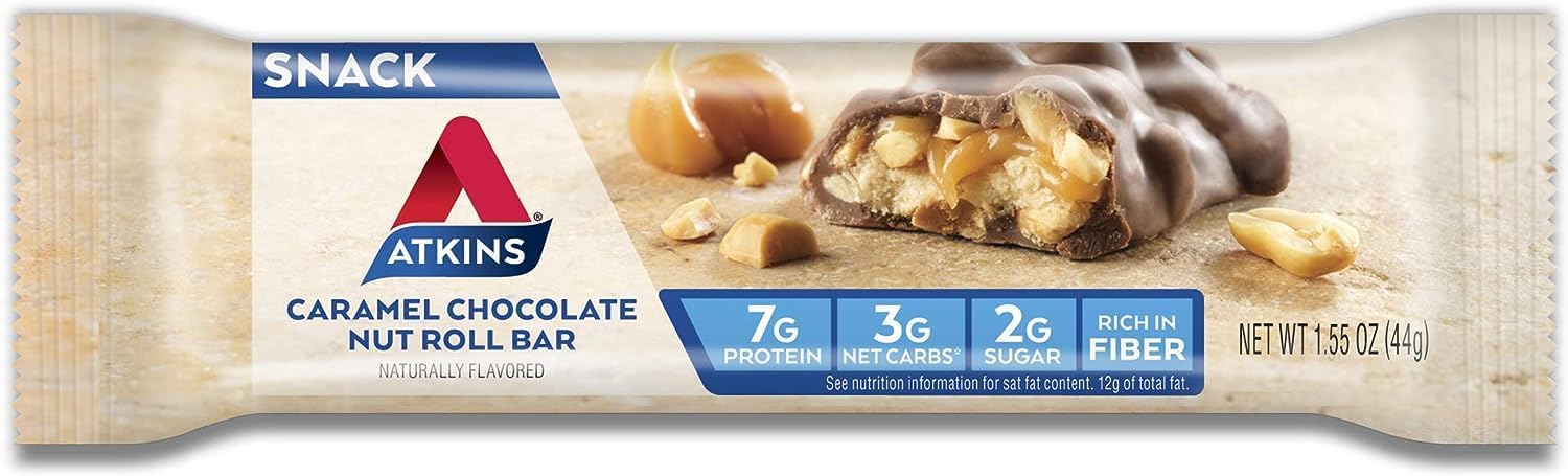 Atkins Caramel Chocolate Nut Roll Snack Bar, Protein Snack, High in Fiber, 2g Sugar, 30 Count