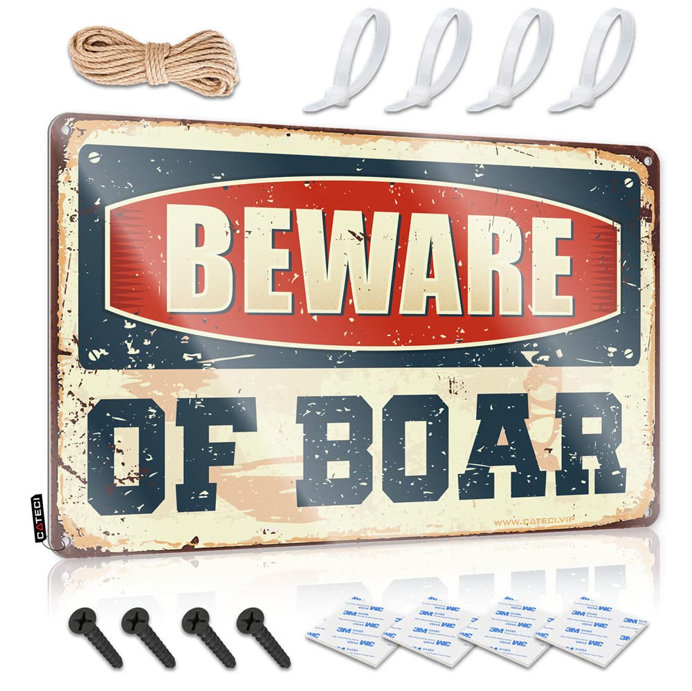 Plaque Gift For Teacher Waterproof Artwork, Optical Illusion Retro Print For Cafe Pub Thankful | Tin Pre-drilled Custom Beware Of Boar(30X40CM)