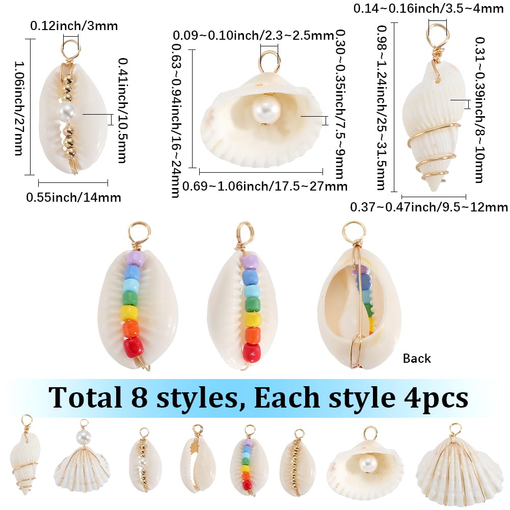 SUNNYCLUE 1 Box 32Pcs 8 Styles Natural Shell Charms Seashell Charms Bulk White Imitation Pearl Sea Conch Summer Life Loop Dangle Pendants for Jewellery Making Supplies Earrings Necklace Diy Crafts - Image 2