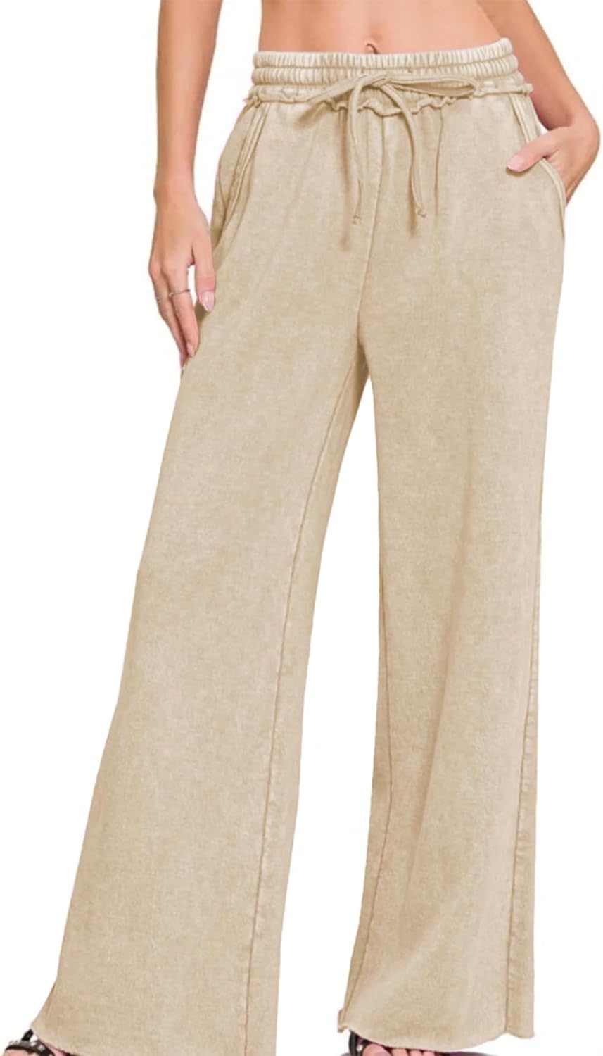 Ainangua Women Acid Wash Palazzo Sweatpants Casual High Waist Drawstring Wide Leg Pants Baggy Fleece Trousers with Pockets - Image 3