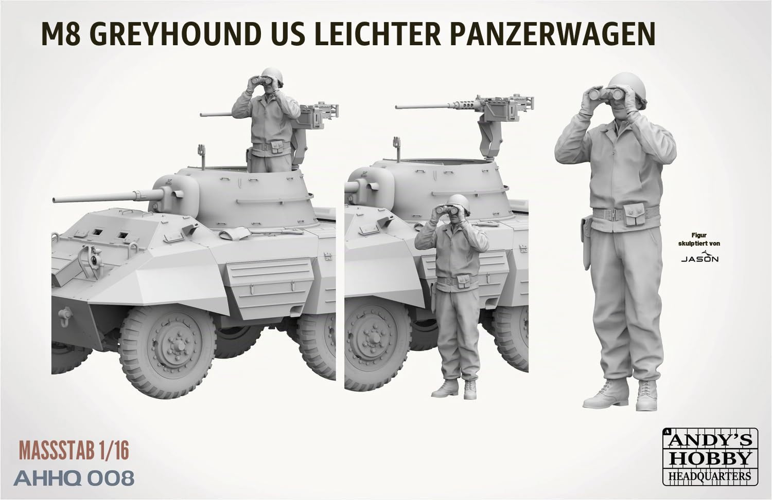 ANDYS Hobby Headquarters AHHQ-008 M8 Greyhound US Light Armored Car + Figur Maßstab 1:16 Modellbausatz Plastikmodellbau