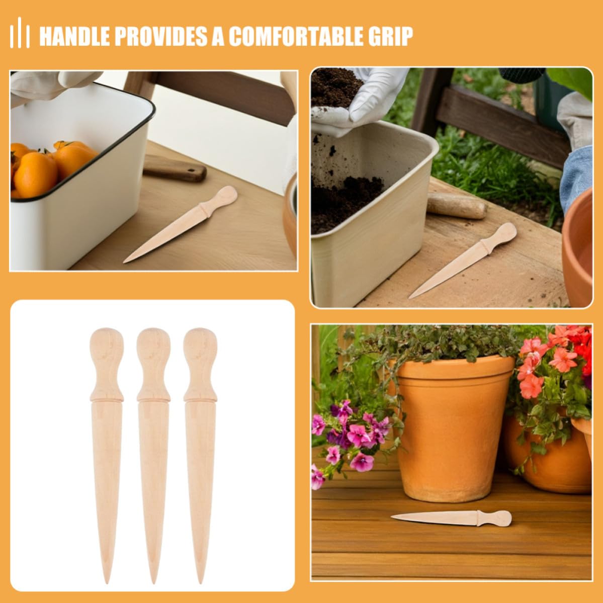 VANZACK 6 Pezzi Strumento da Giardino in Legno Manico Ergonomico per Piantare e Scavare, Attrezzo Versatile Facile da Pulire per Giardinaggio e Orto