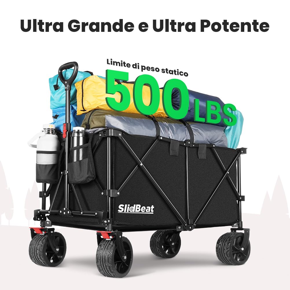 SLIDBEAT - Carrello da Giardino Pieghevole, Carrello Spiaggia con Ruote Grandi, Portata fino a 250kg, per Attività All'aperto, Giardino, Campeggio