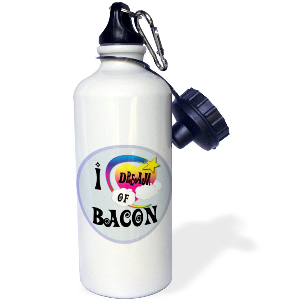 3dRose3dRose Cute Girly Heart Star Clouds I Dream of Bacon-Sports Water Bottle, 21oz (wb_165934_1), Aluminum, White