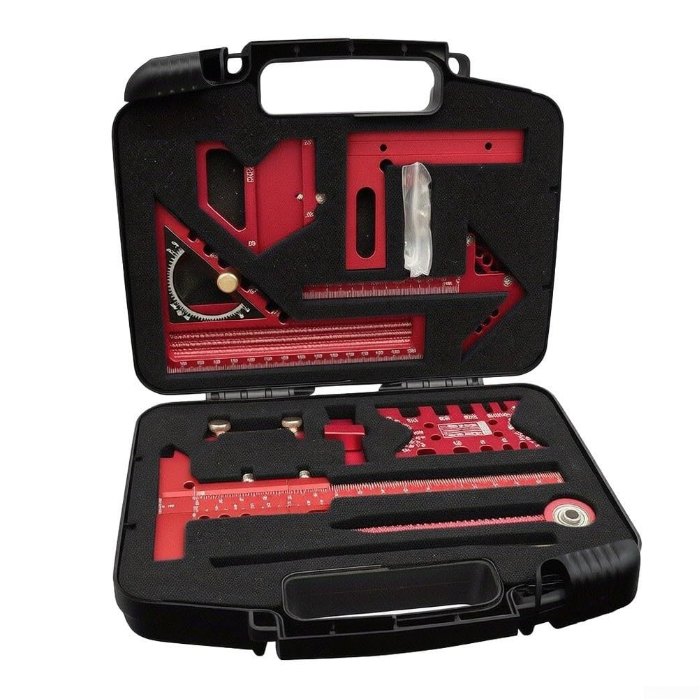 Kit de herramientas de diseño de aleación de aluminio para carpinteros con regla de ángulo cuadrado, regla de cola de milano, centro de escritura y herramientas de marcado (9 piezas)