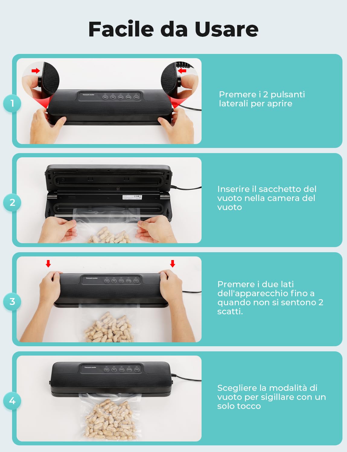 Macchina Sottovuoto Alimenti 5 in 1, Automatica Sigillatore Sottovuoto Macchina per Alimenti Secchi che Umidi, con 10 Sachetti Sottovuoto e Tubo Sottovuoto, Nero