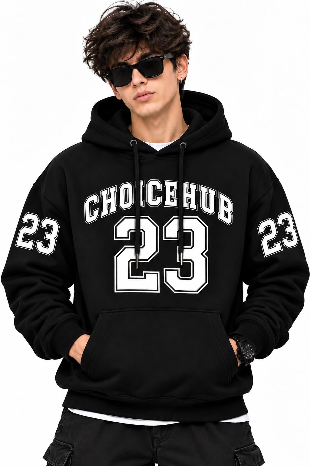 CHOICEHUB Retro Varsity Graphic Hoodie for Men – Drop Shoulder Oversized 23 Letter Print Sweatshirt, Unisex Streetwear Hooded Top