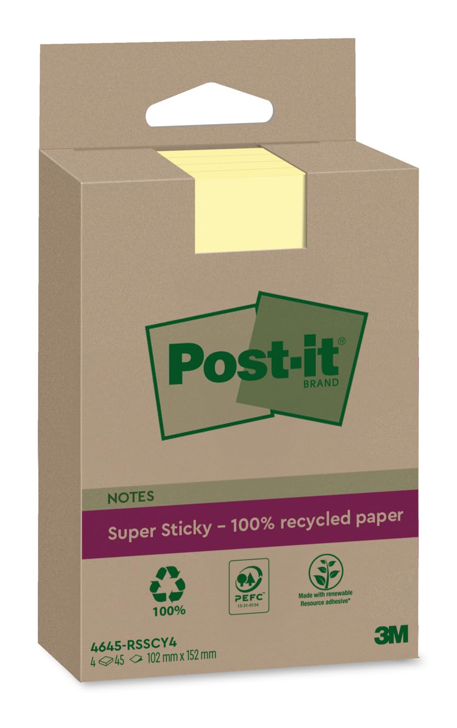 Post-it Sticky Notes XXL Canary Yellow – Lined, 4 Pads of 45 Sheets (102 mm x 152 mm)