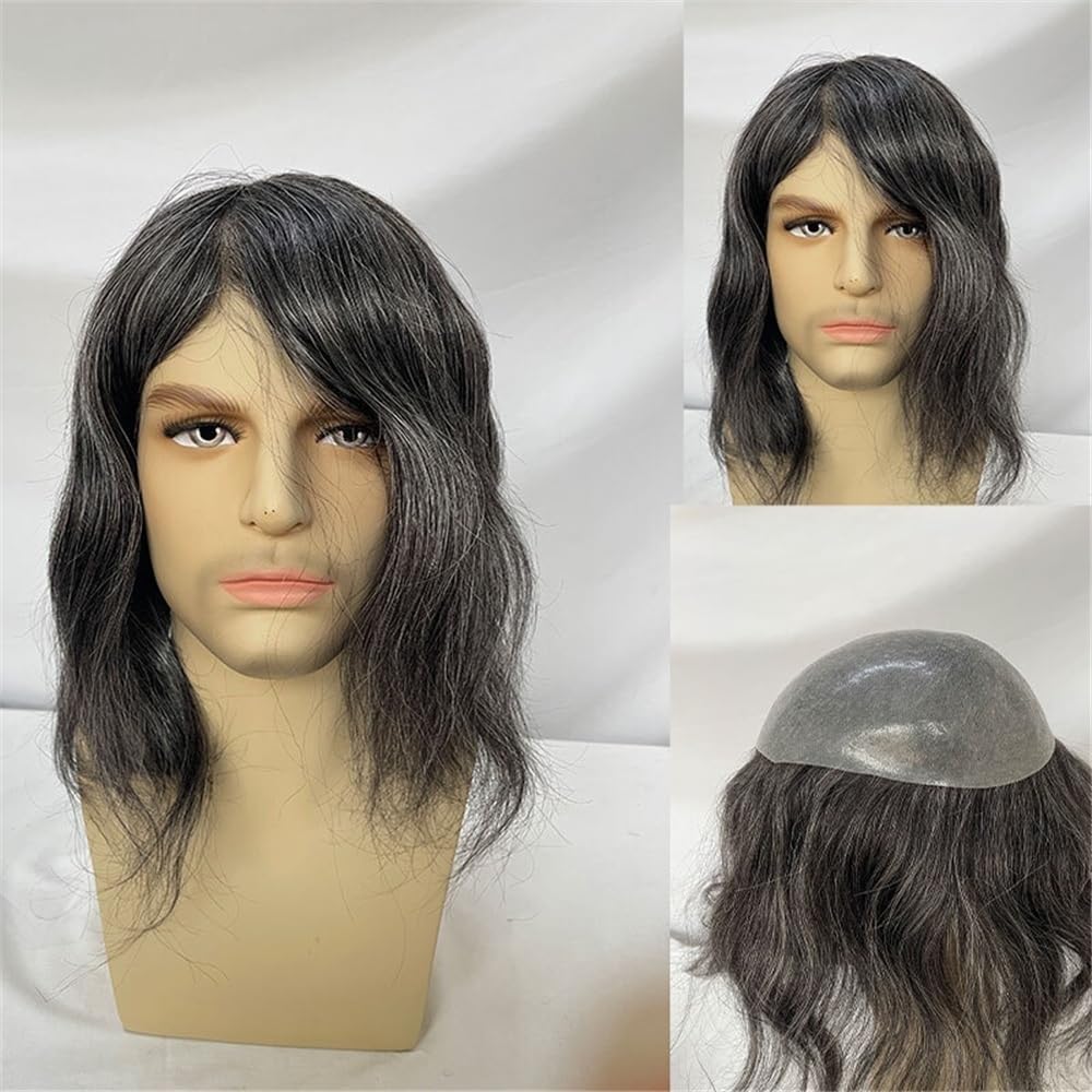 Men's Toupee Parrucca da uomo con capelli umani in PU, lunghezza 12 pollici, ultra sottile, con anello a V, 8''x10''