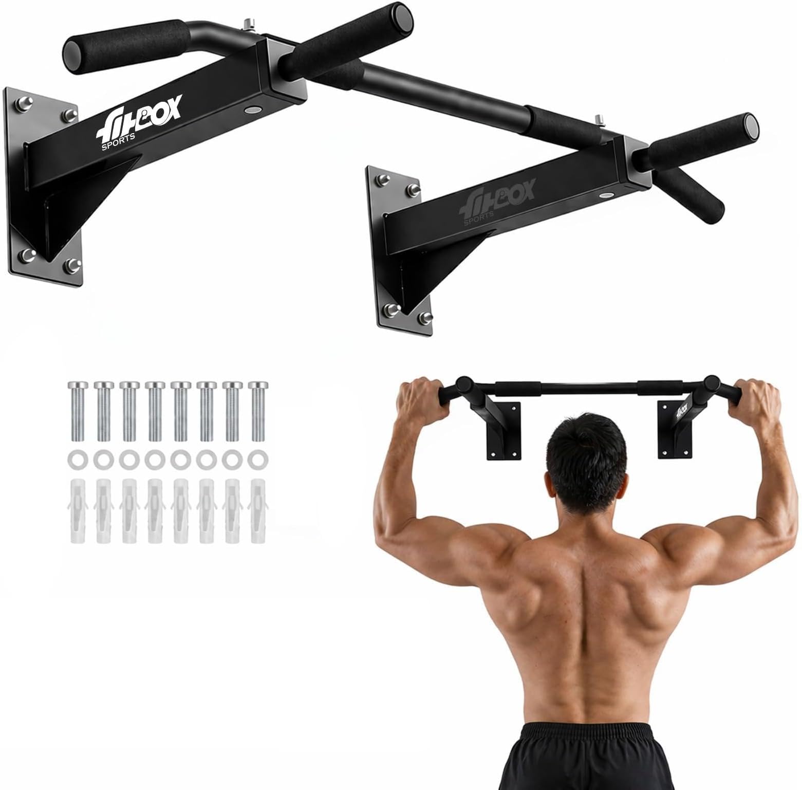 Wall Mounting Chin Up Bar, Pull Up Bar & Ab Straps Combo, 120 Kg Capacity, 20 Inch