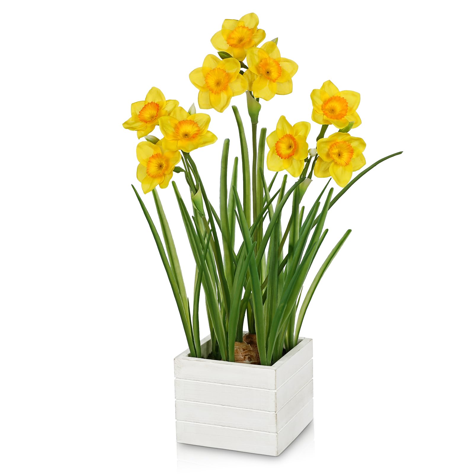 Hollyone 15.7'' Yellow Artificial Flowers, Fake Daffodils Silk Flowers in Wooden Pot, Decorative Fake Daffodil in Pot for Home Decor, Shelf, Dining Table, Living Room, Windowsill, Spring Decorations