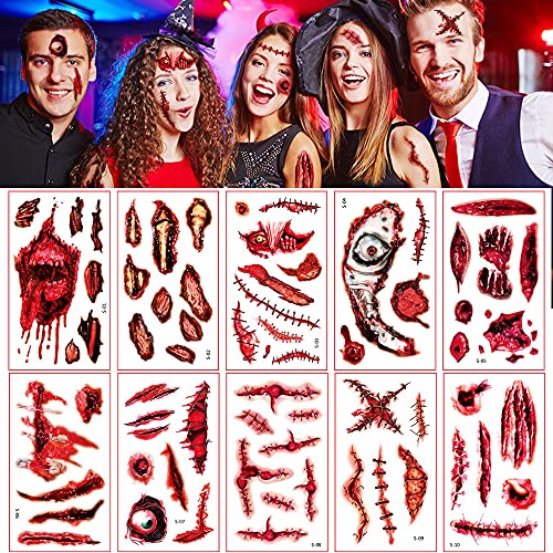 Halloween Temporary Tattoos 10 Sheets Scar Tattoos Halloween Zombie Makeup Kit Waterproof Fake Tattoos Injury Blood Wound Makeup Waterproof Fake Blood Sticker for Halloween Makeup Party Favors Supplies