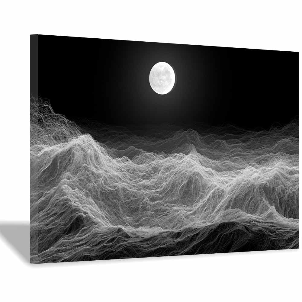 XENIOU Black And White Pictures Moon Mountain Waves Canvas Wall Art, artwork for Bedroom Living Room Bathroom Office Home Decoration(Multicolor)-70x100cm Framed