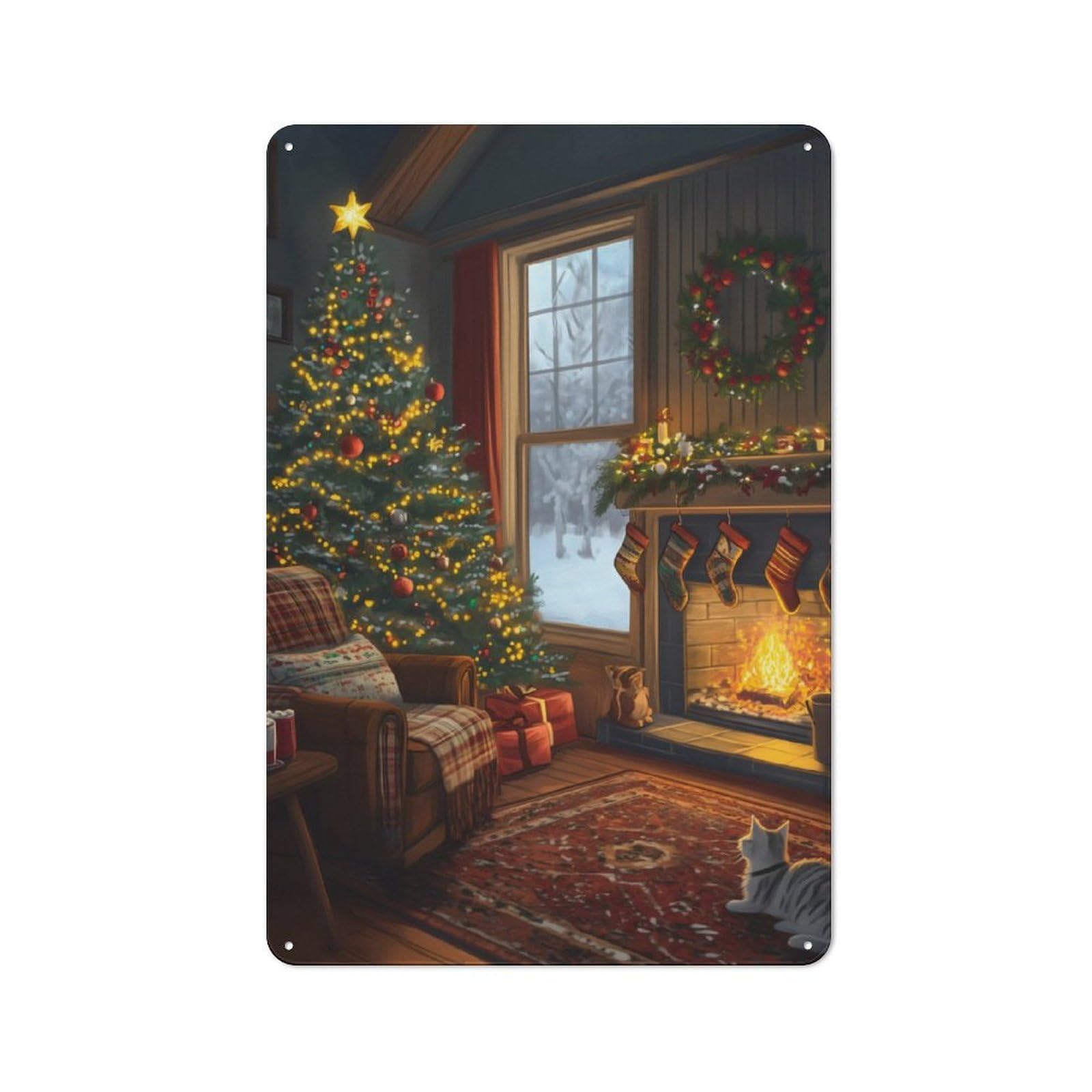Junmoney Christmas Fireplace Vintage Tin Sign 30X20cm With For Garage Wall, Suited To People Furnishing A Garage