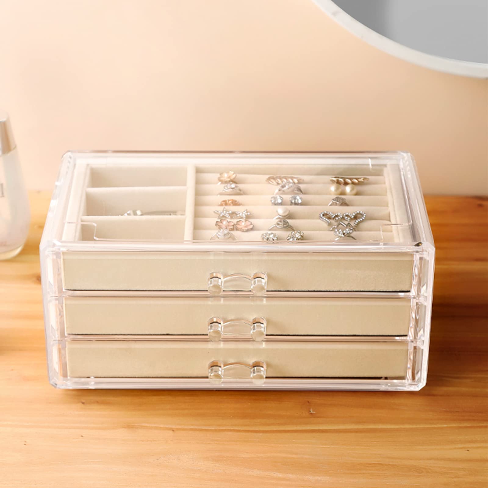 Porta Gioie Portagioie Acrilico Trasparente 5 Cassetti - 23.7x17.5x15cm Con Velluto Regolabile Scatola Gioielli 5 Cassetti