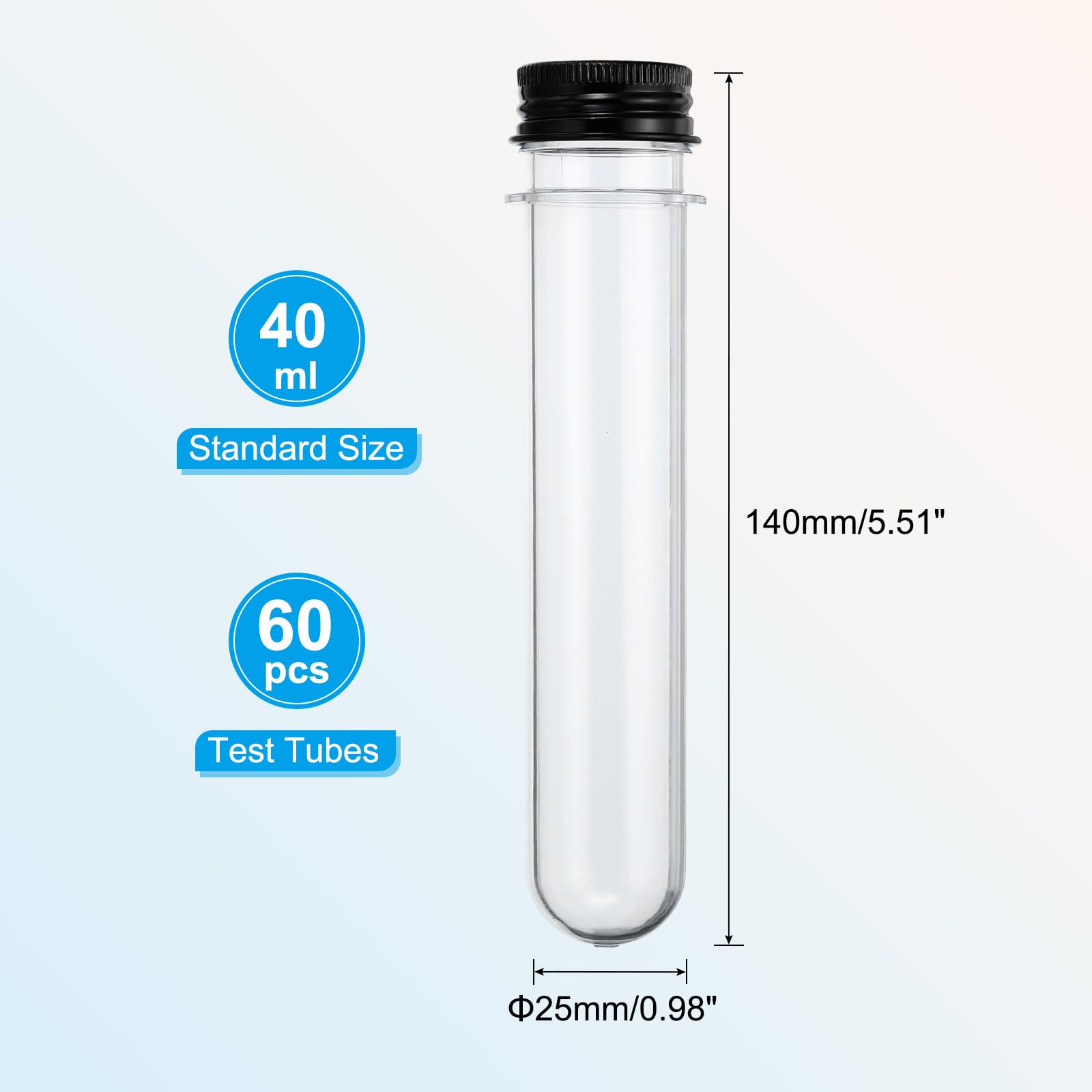 PATIKIL Tubos de Ensayo de 40 ml, 60 Unidades, 5.51x0.98" Contenedores Redondos de Plástico Transparente con Tapas para Almacenamiento de Cuentas, Dulces, Sales de Baño, Negro