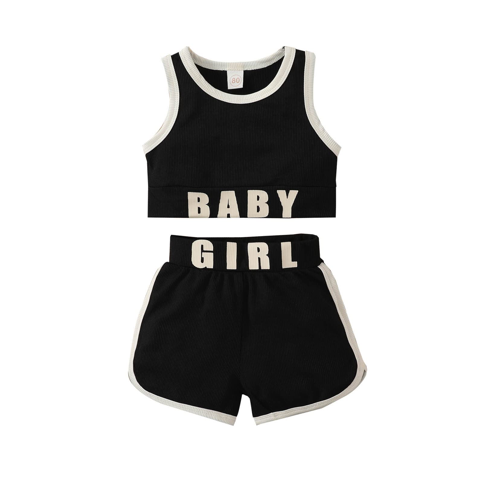 Rommioluya Toddler Kids Girl Summer Outfits Strap Shirt Letter Tank Crop Top Knit Camisole Drawstring Shorts